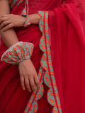 Pure Mul Mul Cotton Maroon Saree with Multicolour Floral Printed Scallop Border