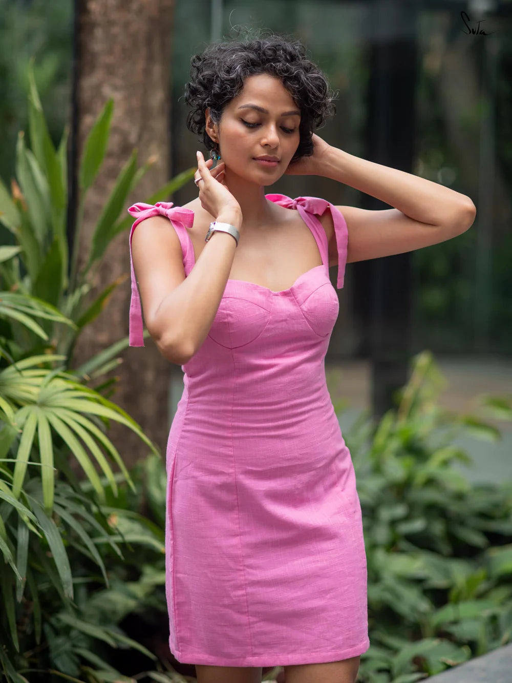 Pink Cotton Sleeveless One Piece Short Dress with Tie Up Strap