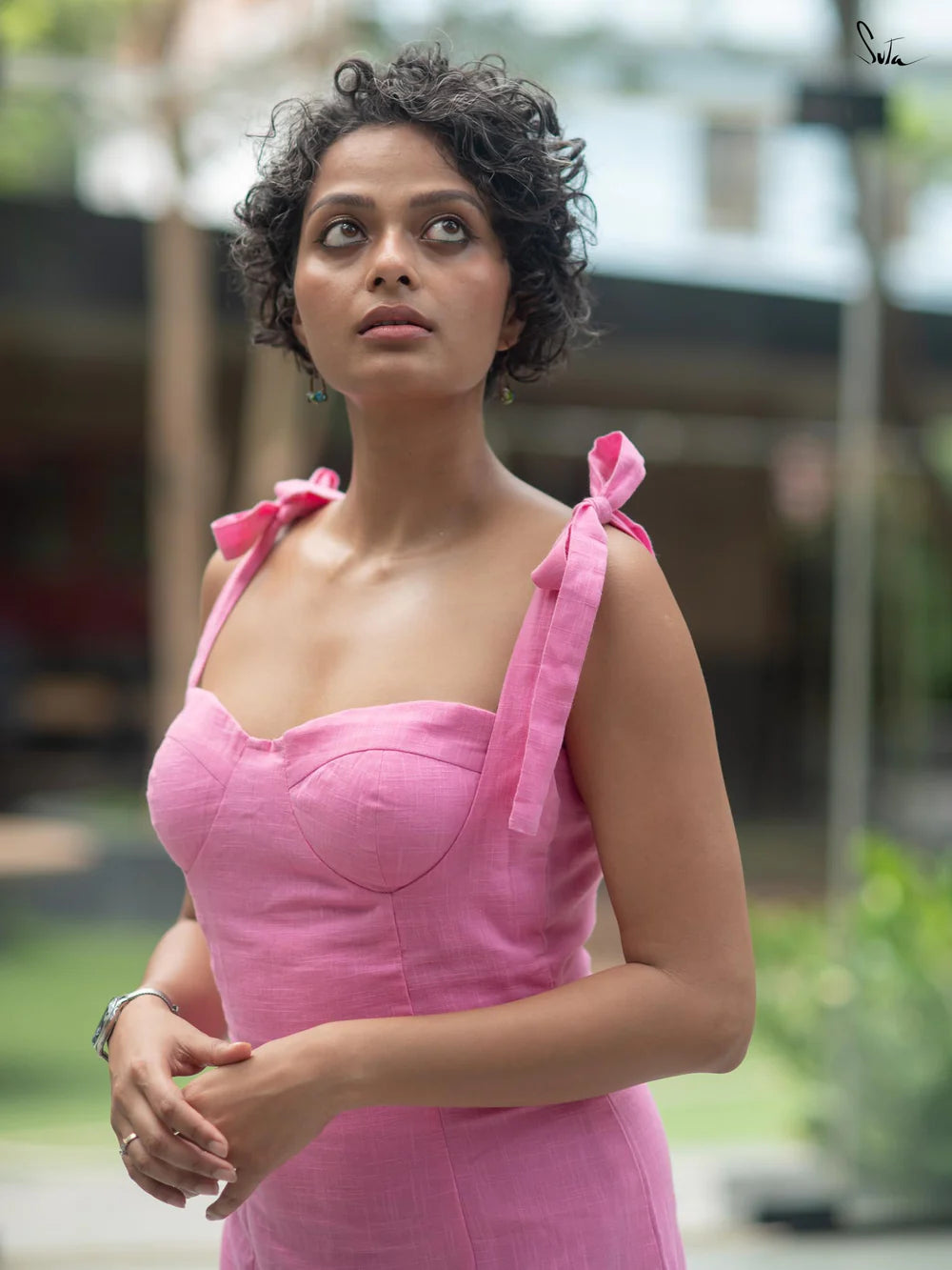 Pink Cotton Sleeveless One Piece Short Dress with Tie Up Strap