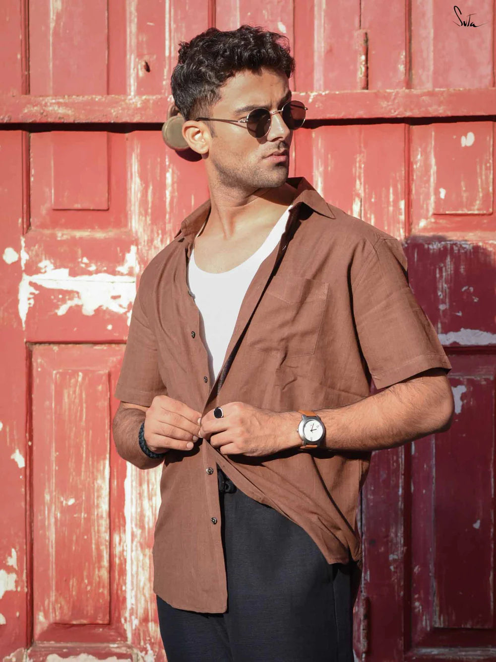 Brown Colour Half Sleeves Cotton Shirt with Pocket
