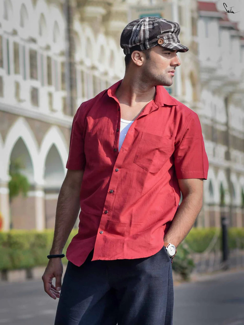 Maroon Colour Short Sleeve Cotton Shirt with Pocket