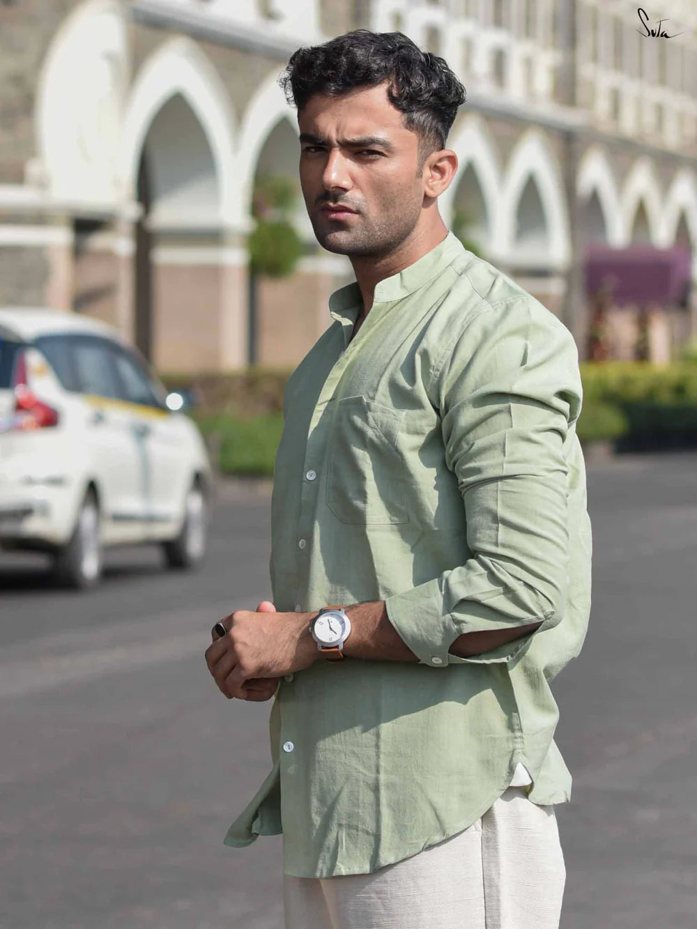 Sage Green Full Sleeves Cotton Shirt with Pocket and Mandarin Collar