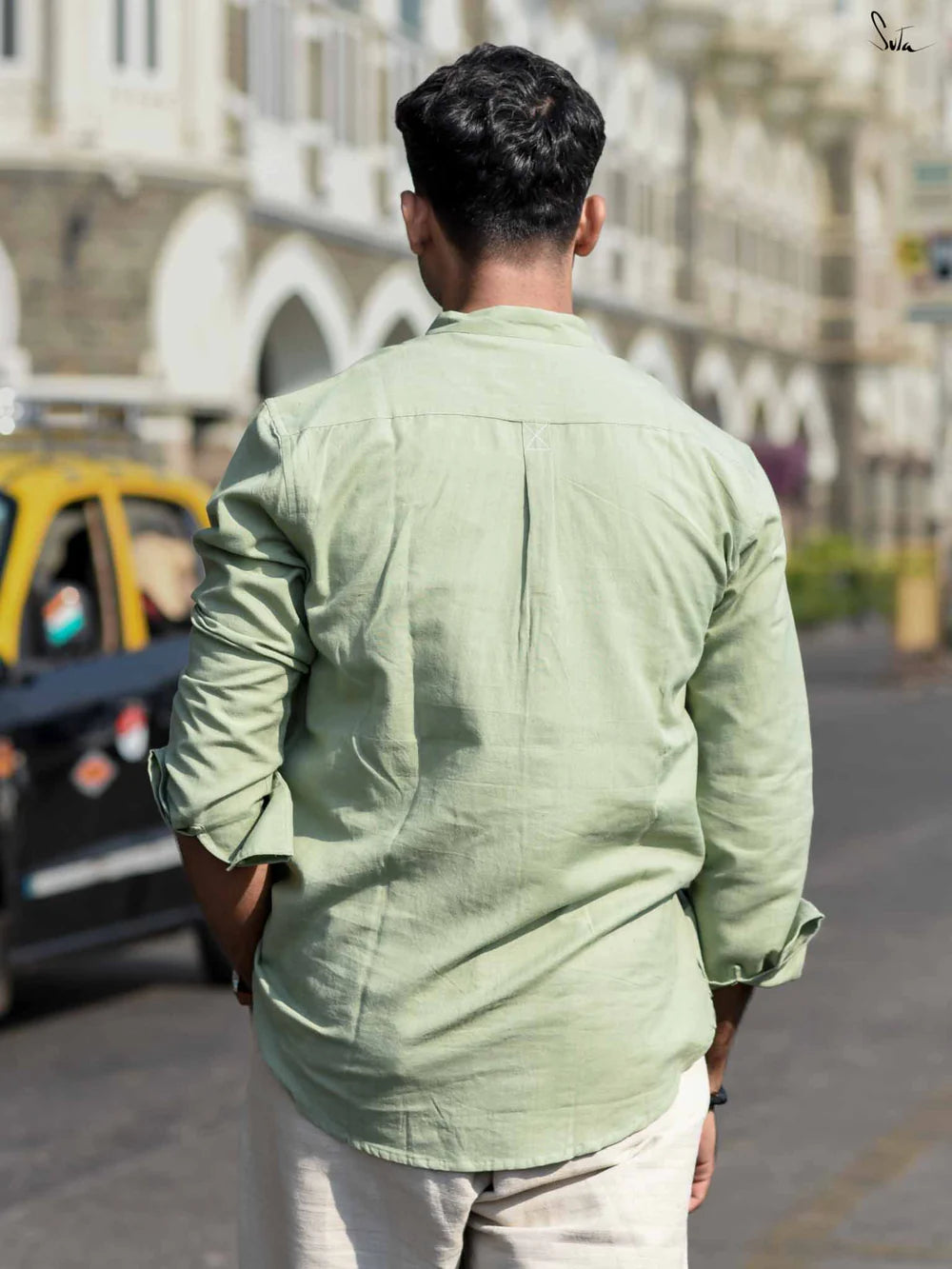 Sage Green Full Sleeves Cotton Shirt with Pocket and Mandarin Collar
