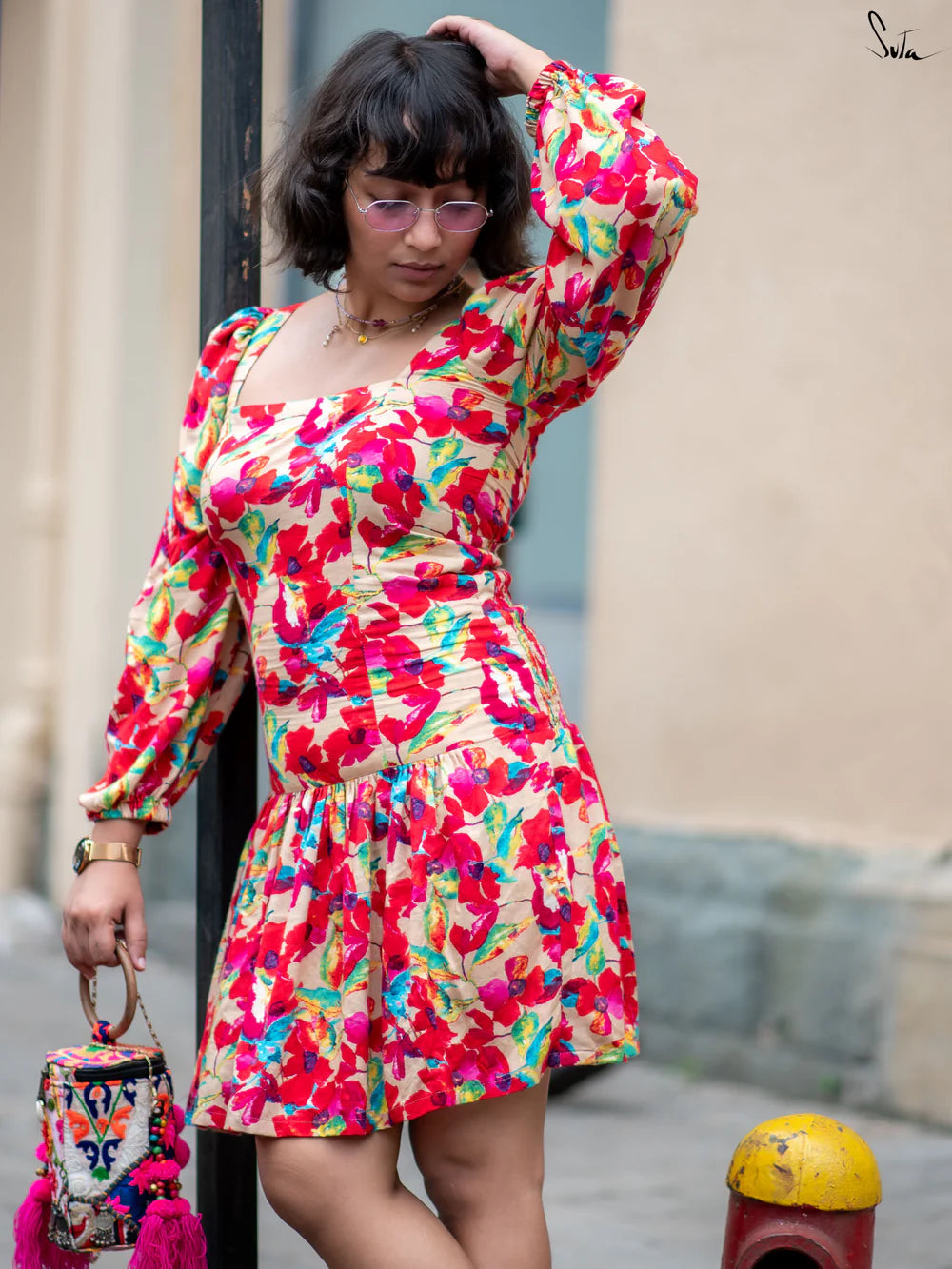 Multicolour Floral Printed Dress with Square Neckline Back Tie-Up and Smocked Bodice with Elastic At The Waist and Hips