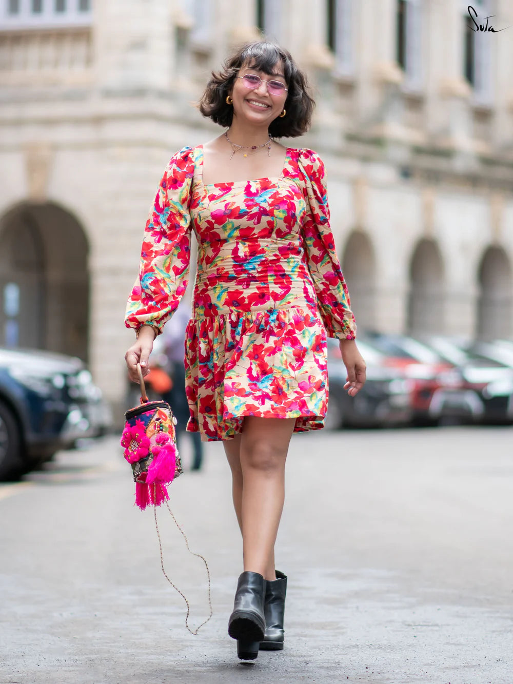 Multicolour Floral Printed Dress with Square Neckline Back Tie-Up and Smocked Bodice with Elastic At The Waist and Hips