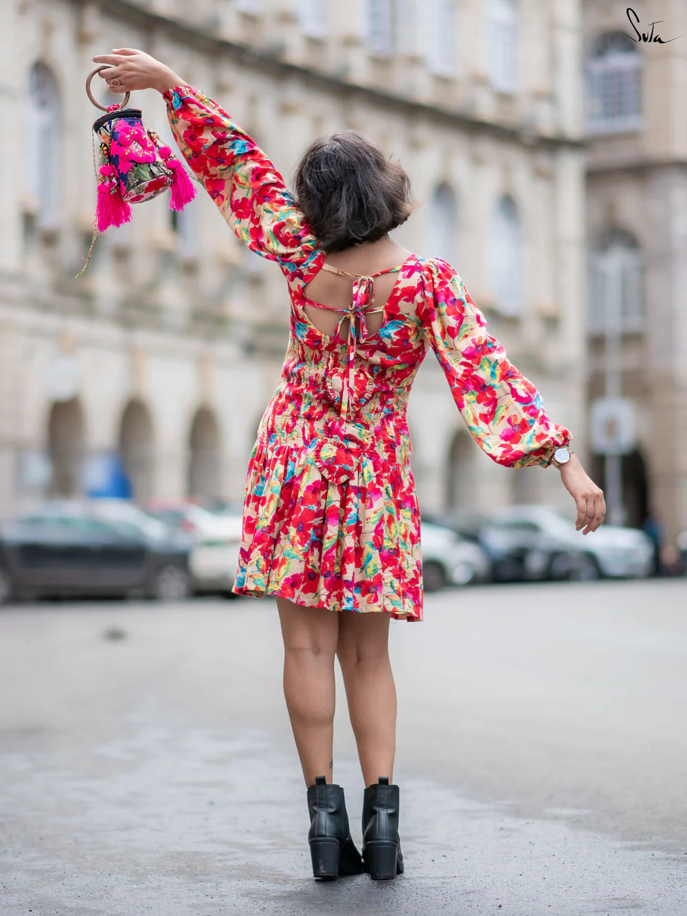Multicolour Floral Printed Dress with Square Neckline Back Tie-Up and Smocked Bodice with Elastic At The Waist and Hips