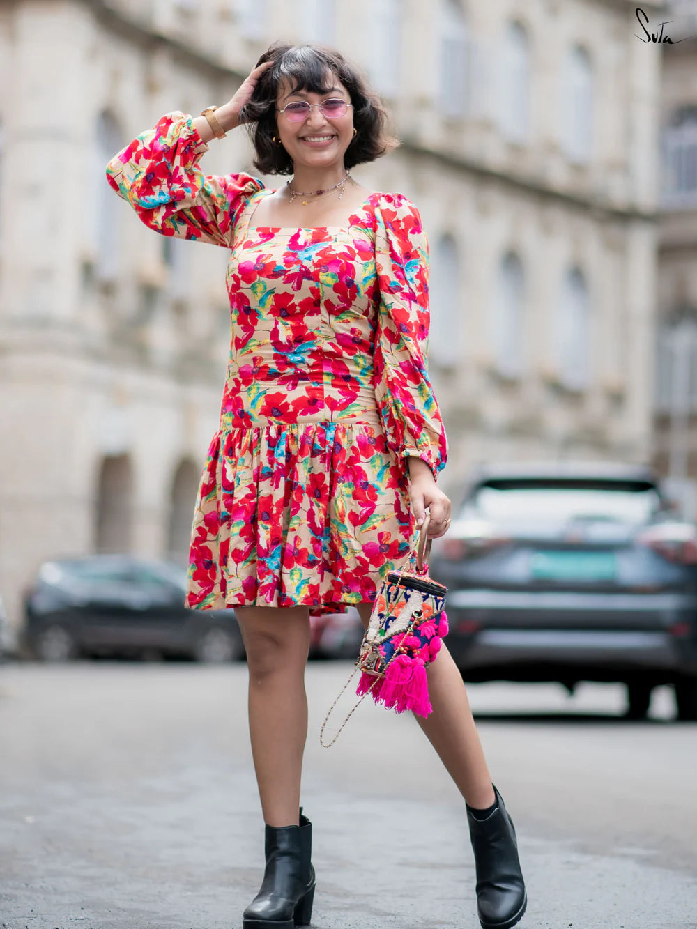 Multicolour Floral Printed Dress with Square Neckline Back Tie-Up and Smocked Bodice with Elastic At The Waist and Hips