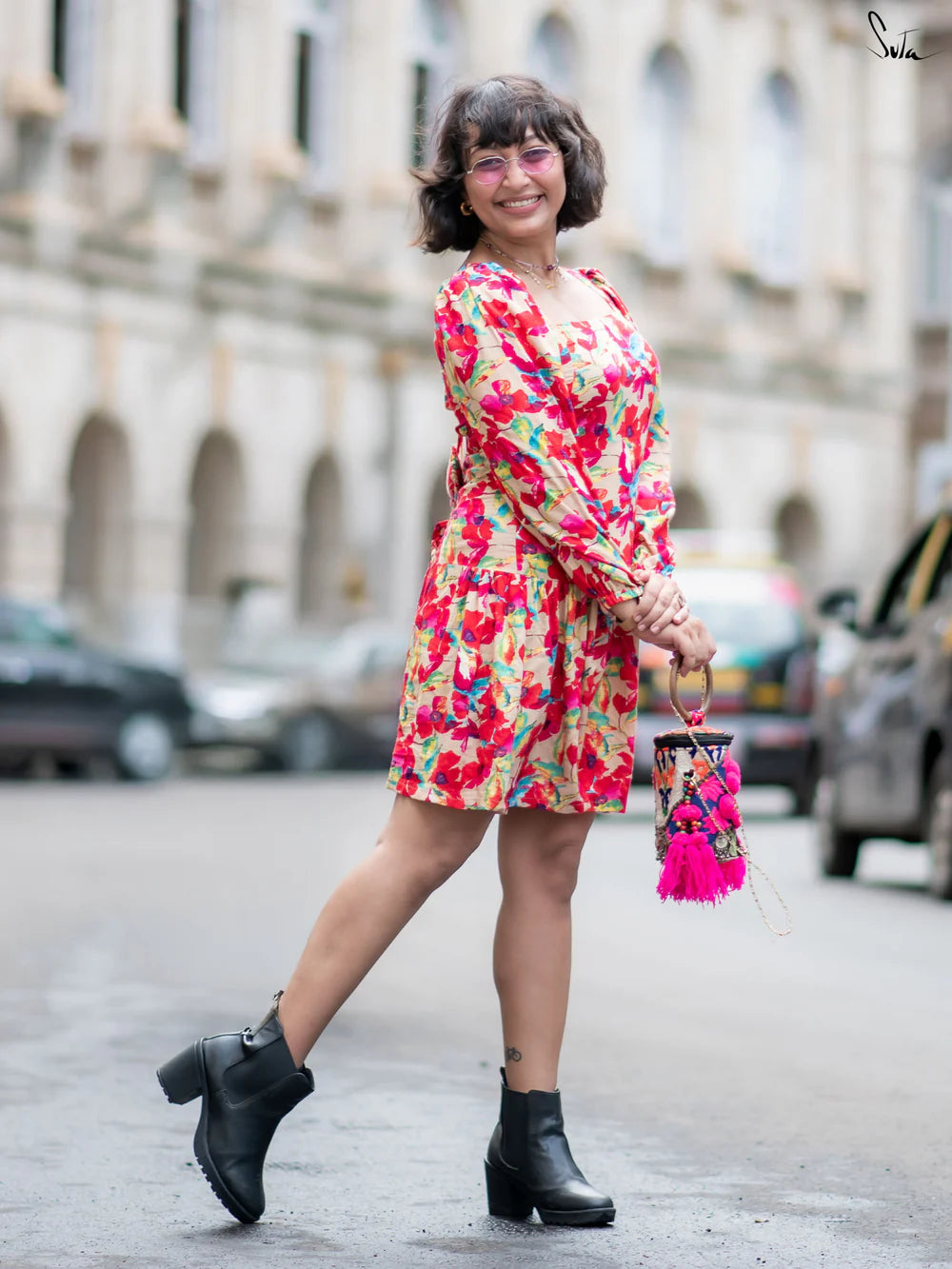 Multicolour Floral Printed Dress with Square Neckline Back Tie-Up and Smocked Bodice with Elastic At The Waist and Hips