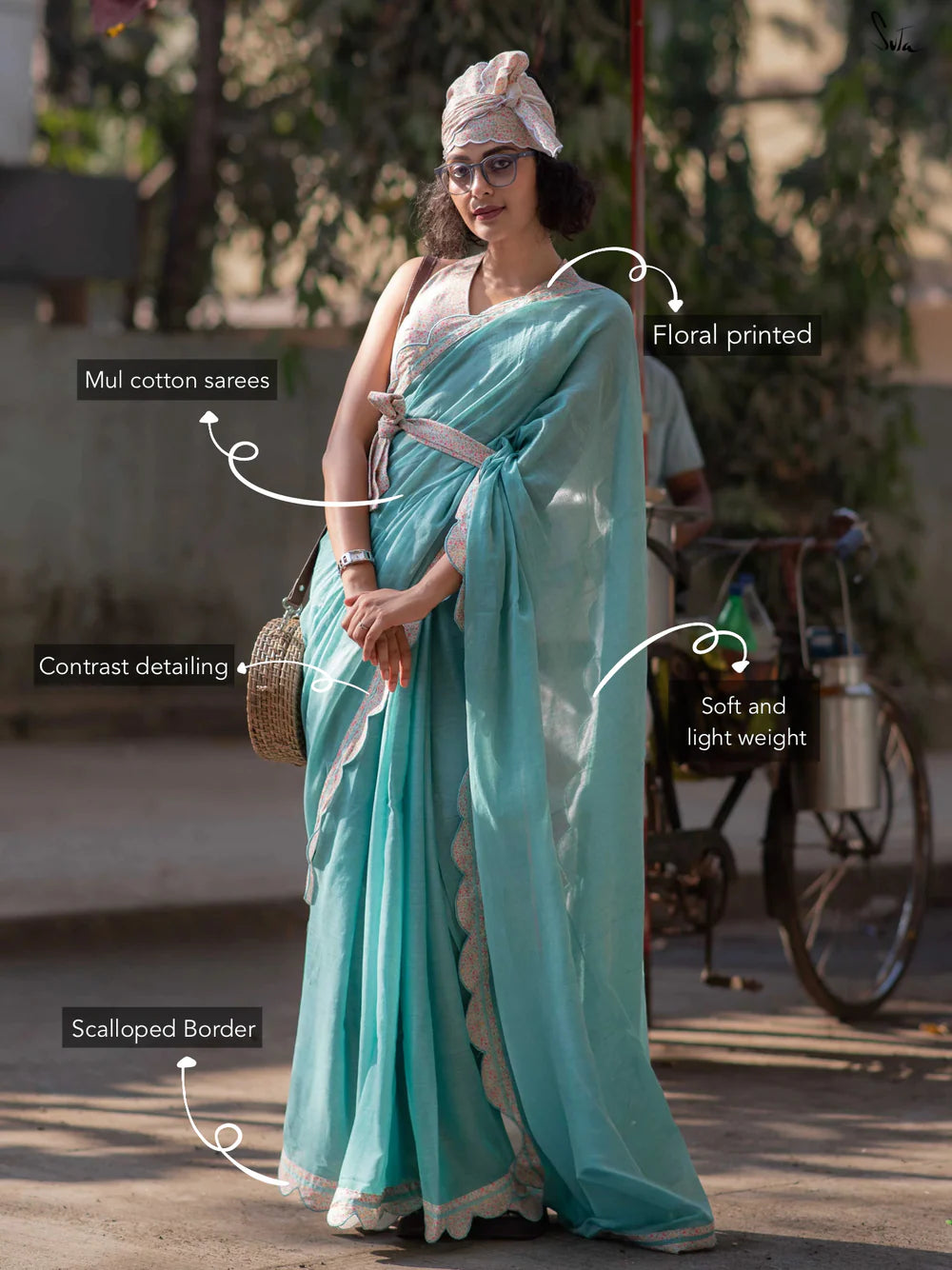 Turquoise Cotton Woven Saree with Multicolour Floral Printed Scallop Border