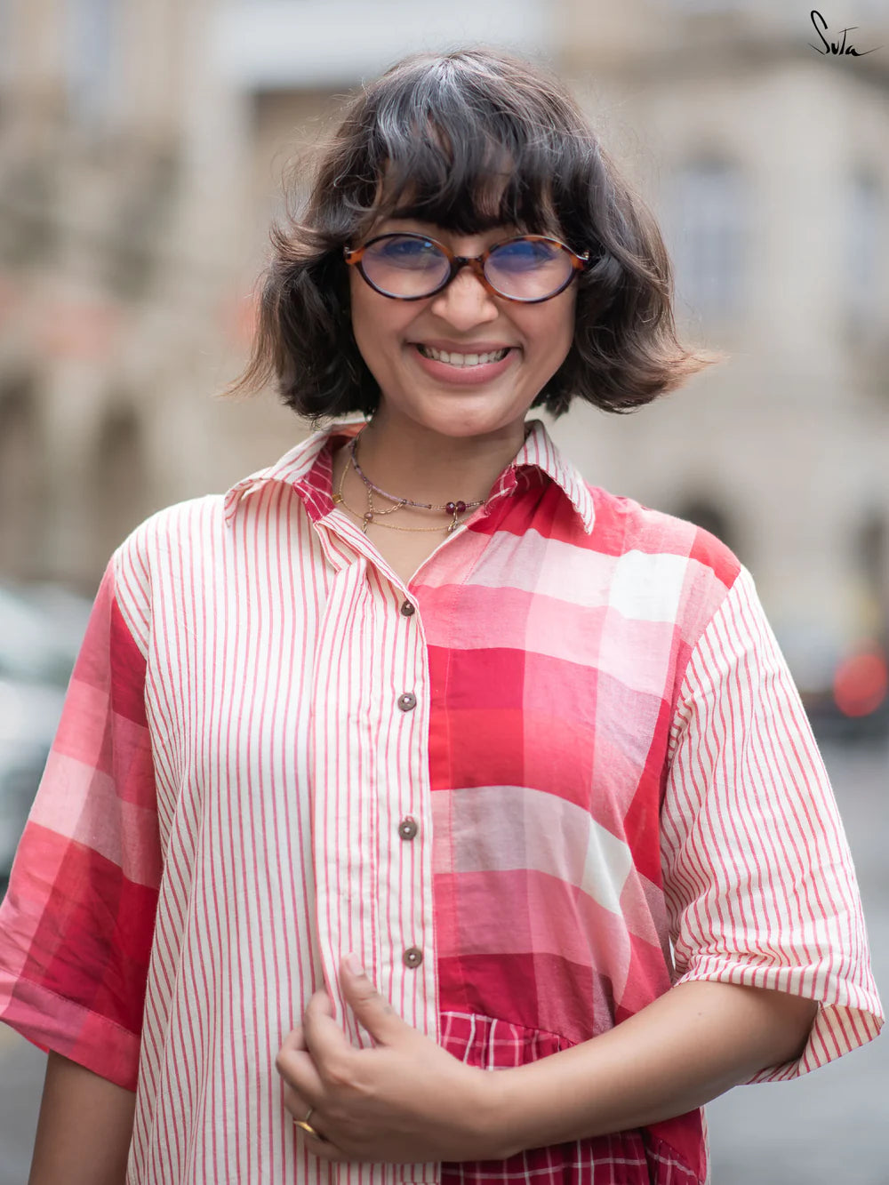 Cotton Patchwork Shirt Dress In Maroon and Ivory with Crisp Collared Neckline Short Sleeves and Button-Down Front