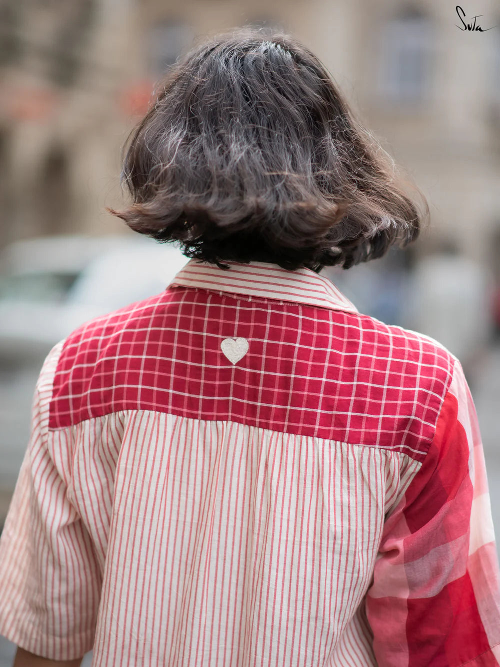 Cotton Patchwork Shirt Dress In Maroon and Ivory with Crisp Collared Neckline Short Sleeves and Button-Down Front