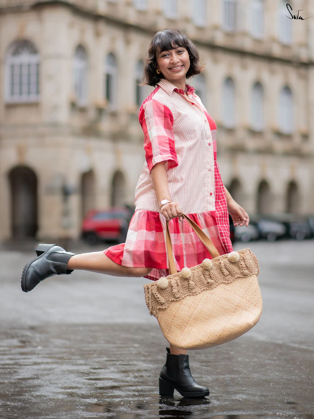Cotton Patchwork Shirt Dress In Maroon and Ivory with Crisp Collared Neckline Short Sleeves and Button-Down Front