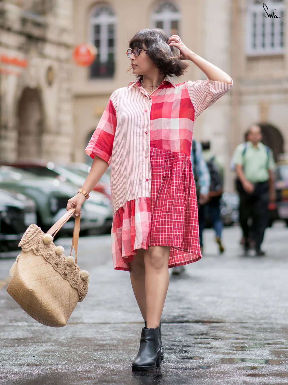 Cotton Patchwork Shirt Dress In Maroon and Ivory with Crisp Collared Neckline Short Sleeves and Button-Down Front