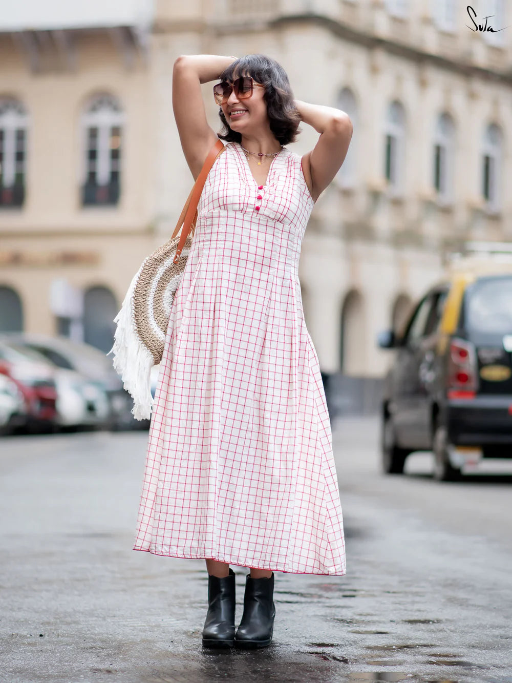 White Cotton Midi Dress with Red Checks V-Neckline Straight Hem and Lightly Gathered Waist
