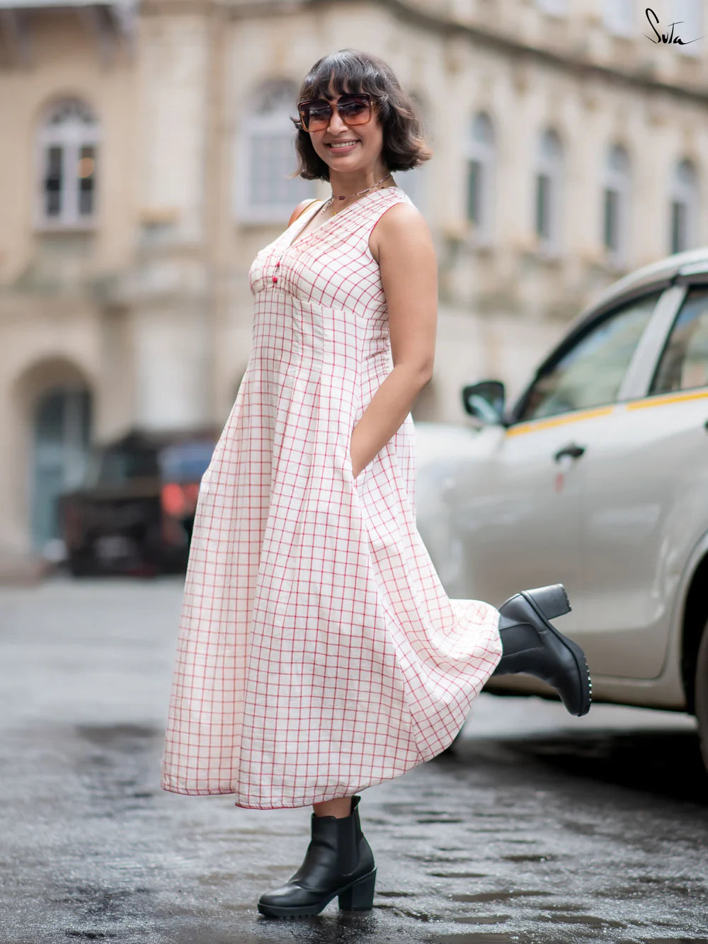 White Cotton Midi Dress with Red Checks V-Neckline Straight Hem and Lightly Gathered Waist