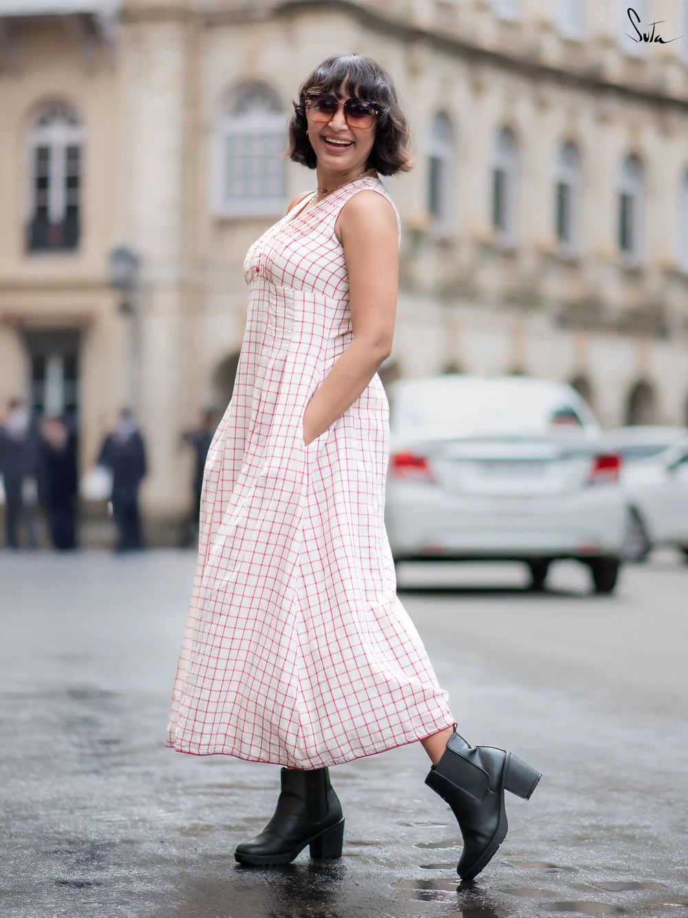 White Cotton Midi Dress with Red Checks V-Neckline Straight Hem and Lightly Gathered Waist