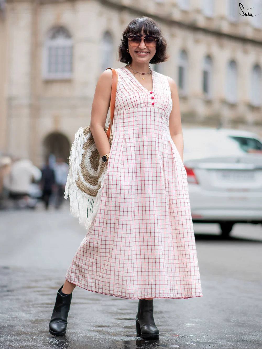 White Cotton Midi Dress with Red Checks V-Neckline Straight Hem and Lightly Gathered Waist