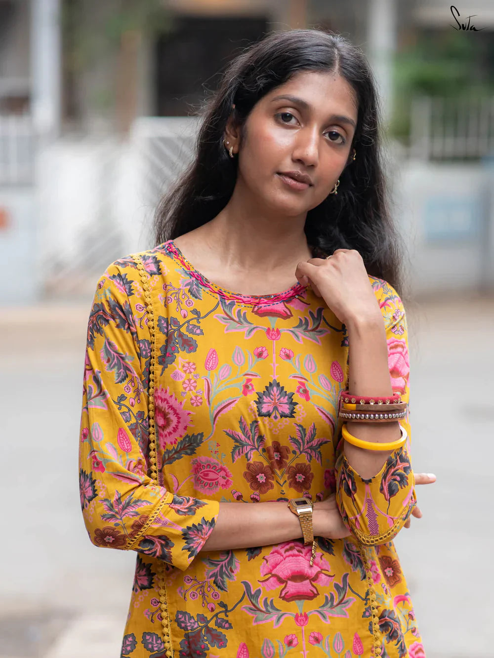 Suta Elbow Sleeves Yellow Cotton Kurta Set