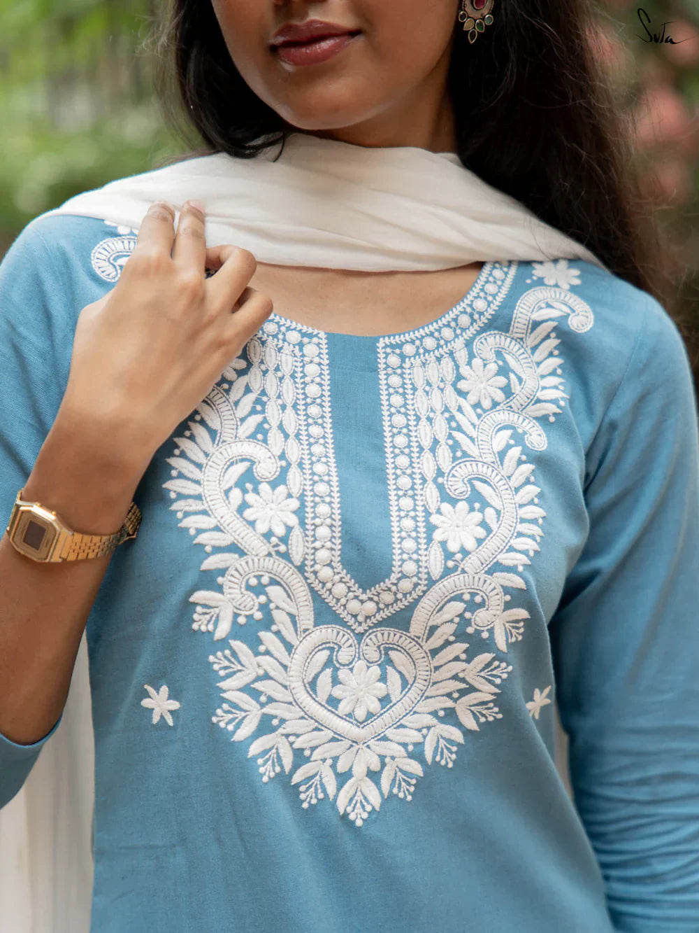 Blue Cotton Kurta Set with White Embroidered Details & Dupatta
