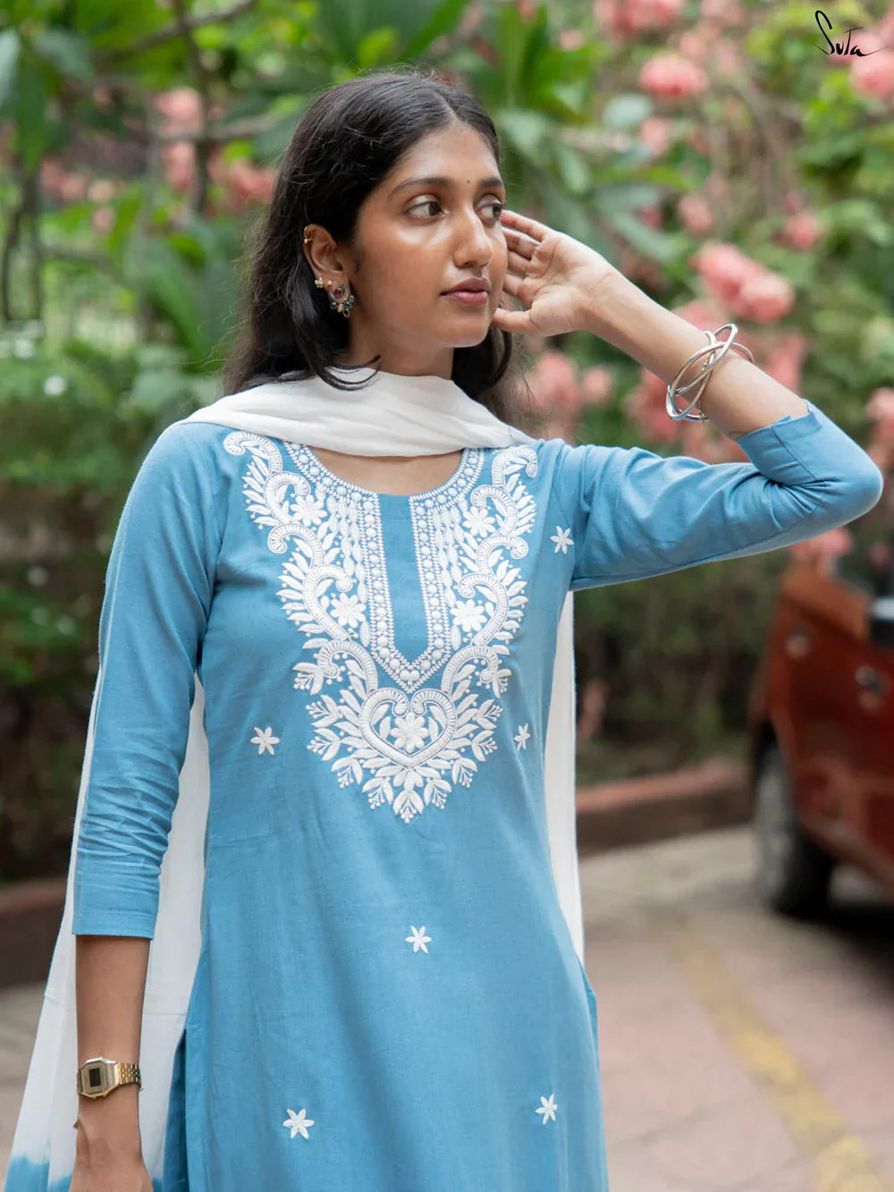 Blue Cotton Kurta Set with White Embroidered Details & Dupatta