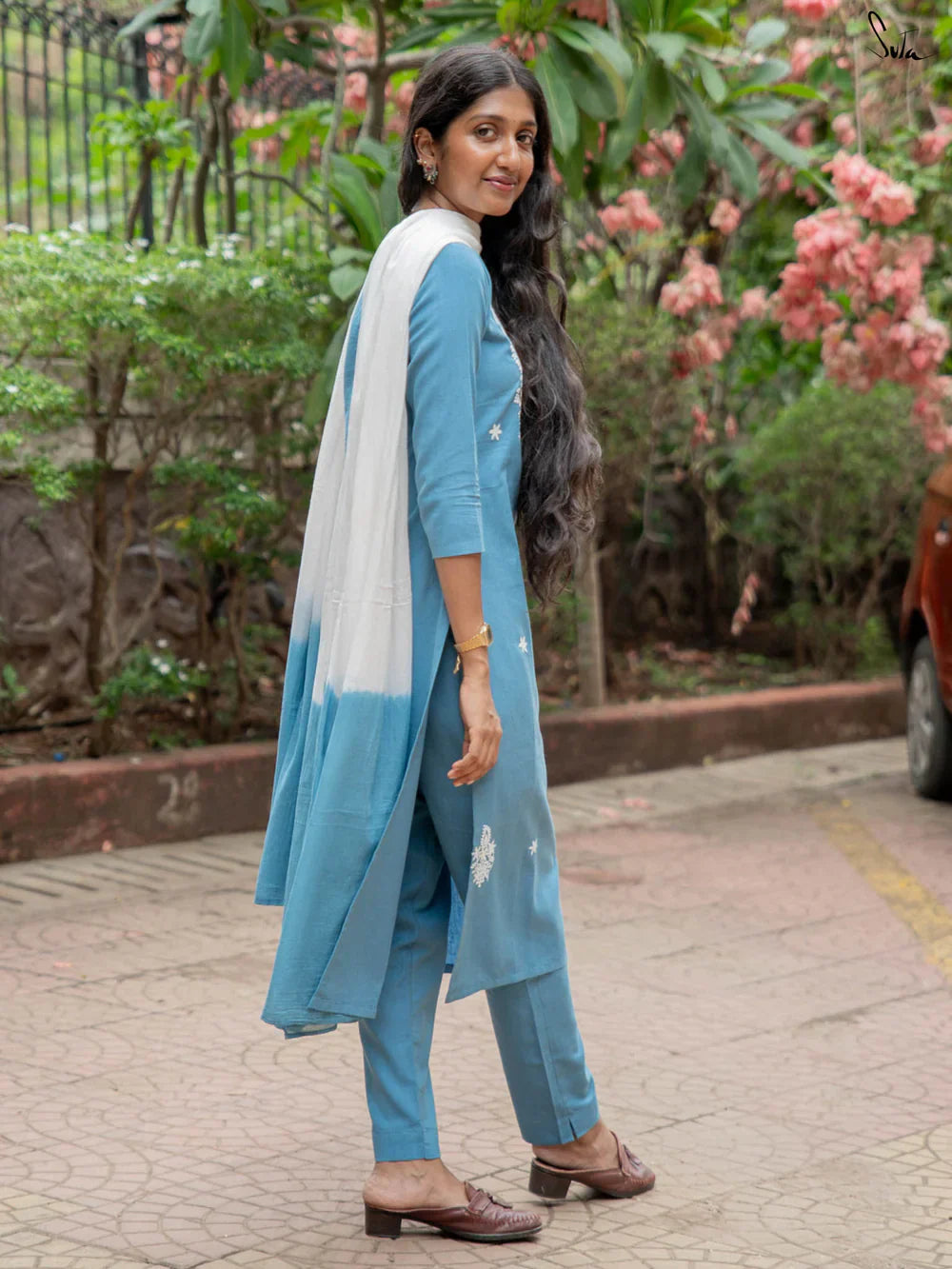 Blue Cotton Kurta Set with White Embroidered Details & Dupatta