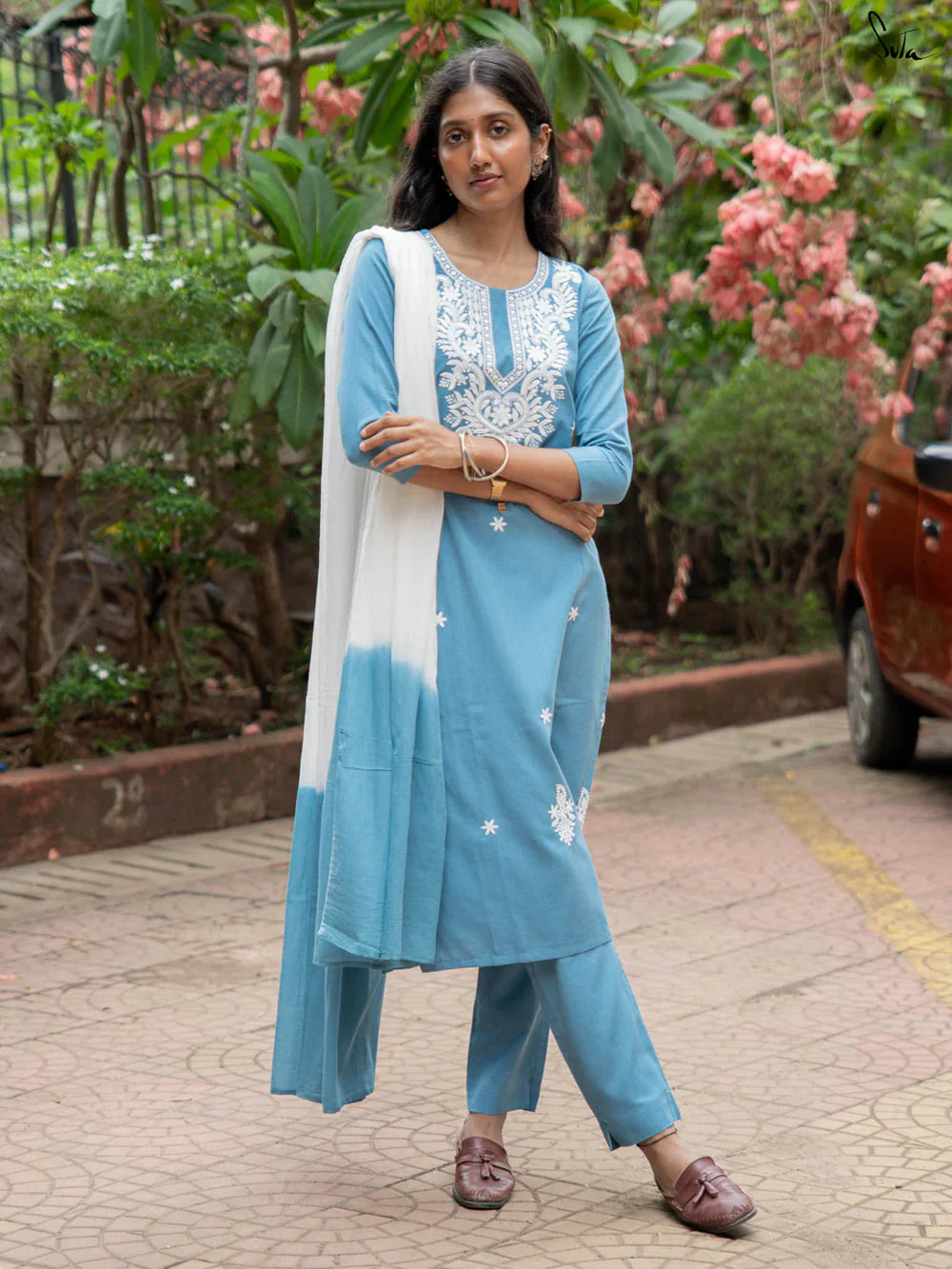 Blue Cotton Kurta Set with White Embroidered Details & Dupatta