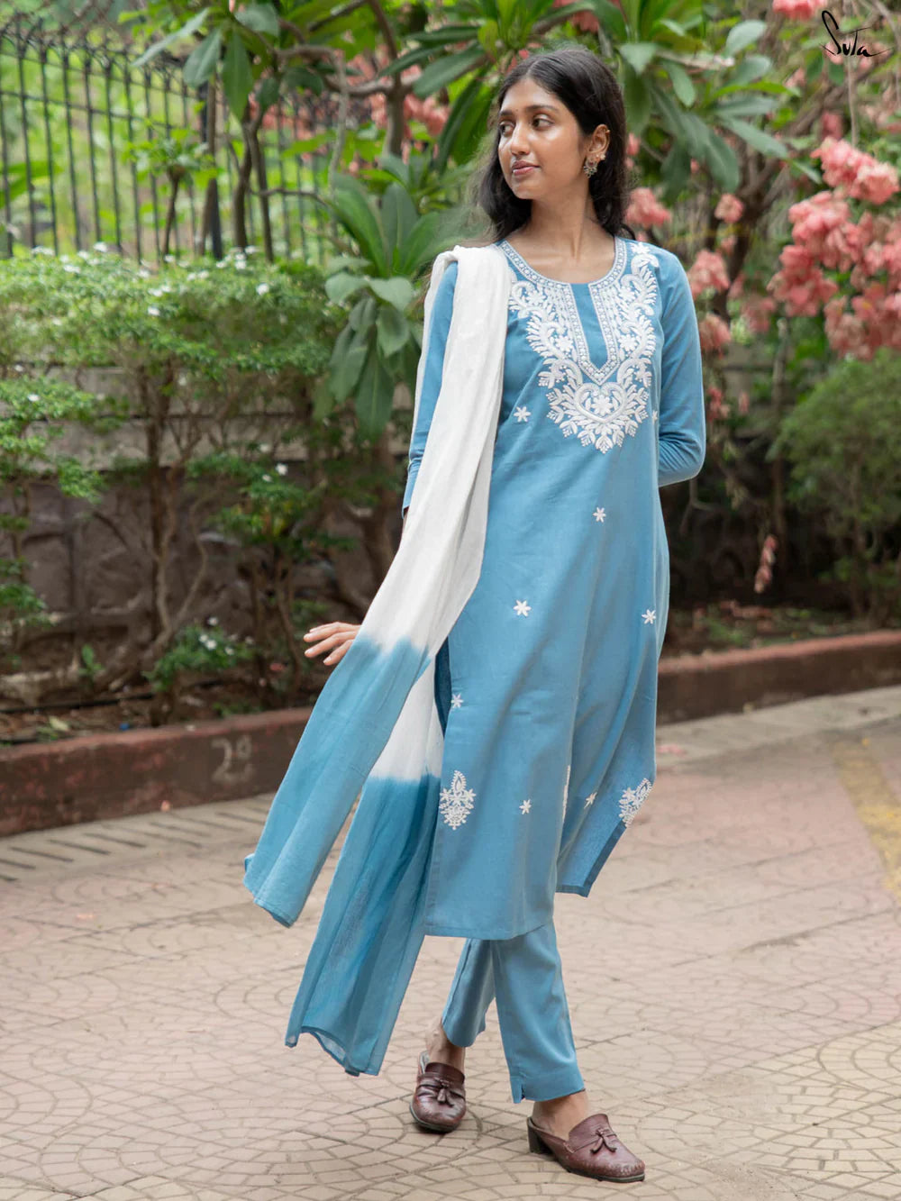 Blue Cotton Kurta Set with White Embroidered Details & Dupatta