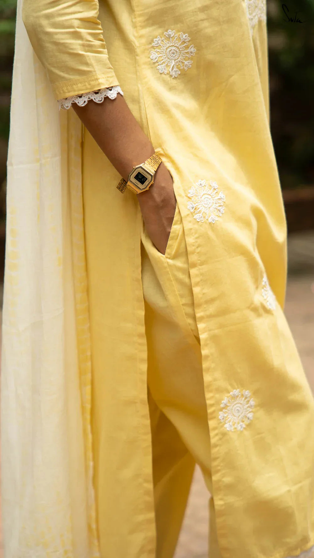 Yellow Cotton Kurta Set with Dupatta & White Detailing