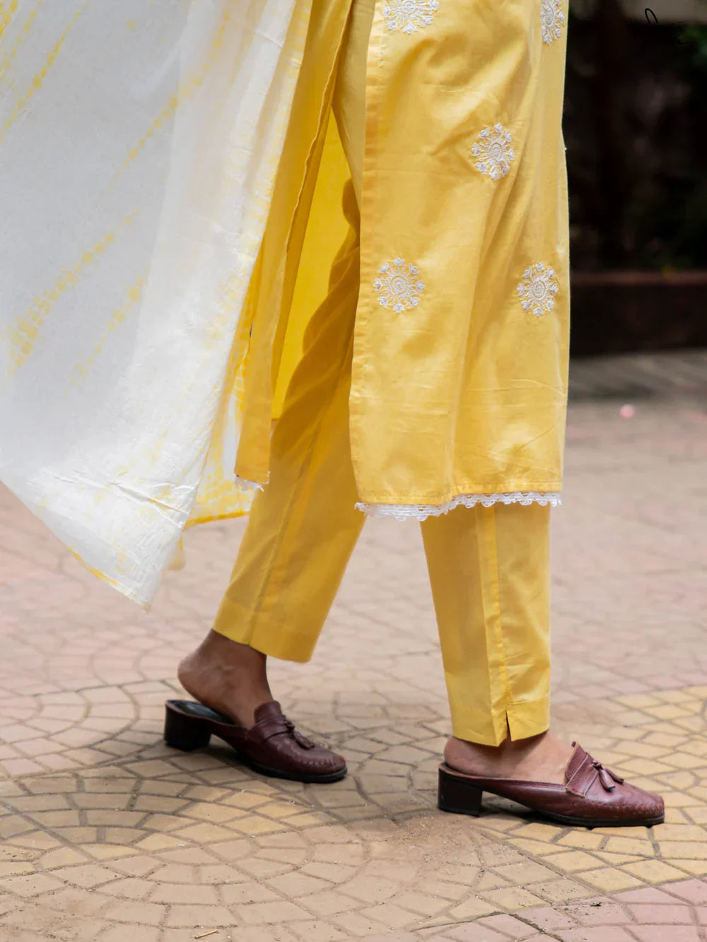 Yellow Cotton Kurta Set with Dupatta & White Detailing