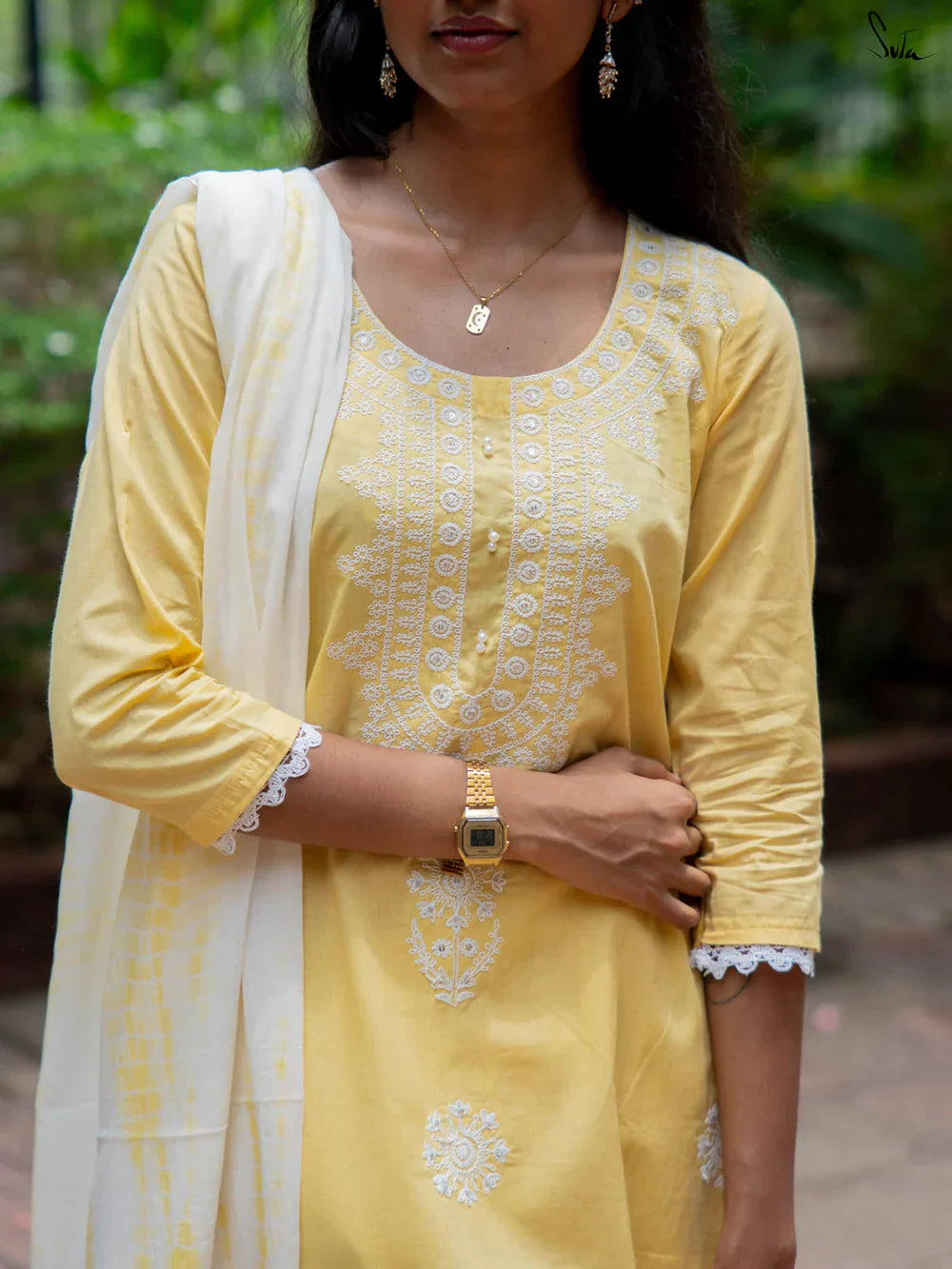 Yellow Cotton Kurta Set with Dupatta & White Detailing