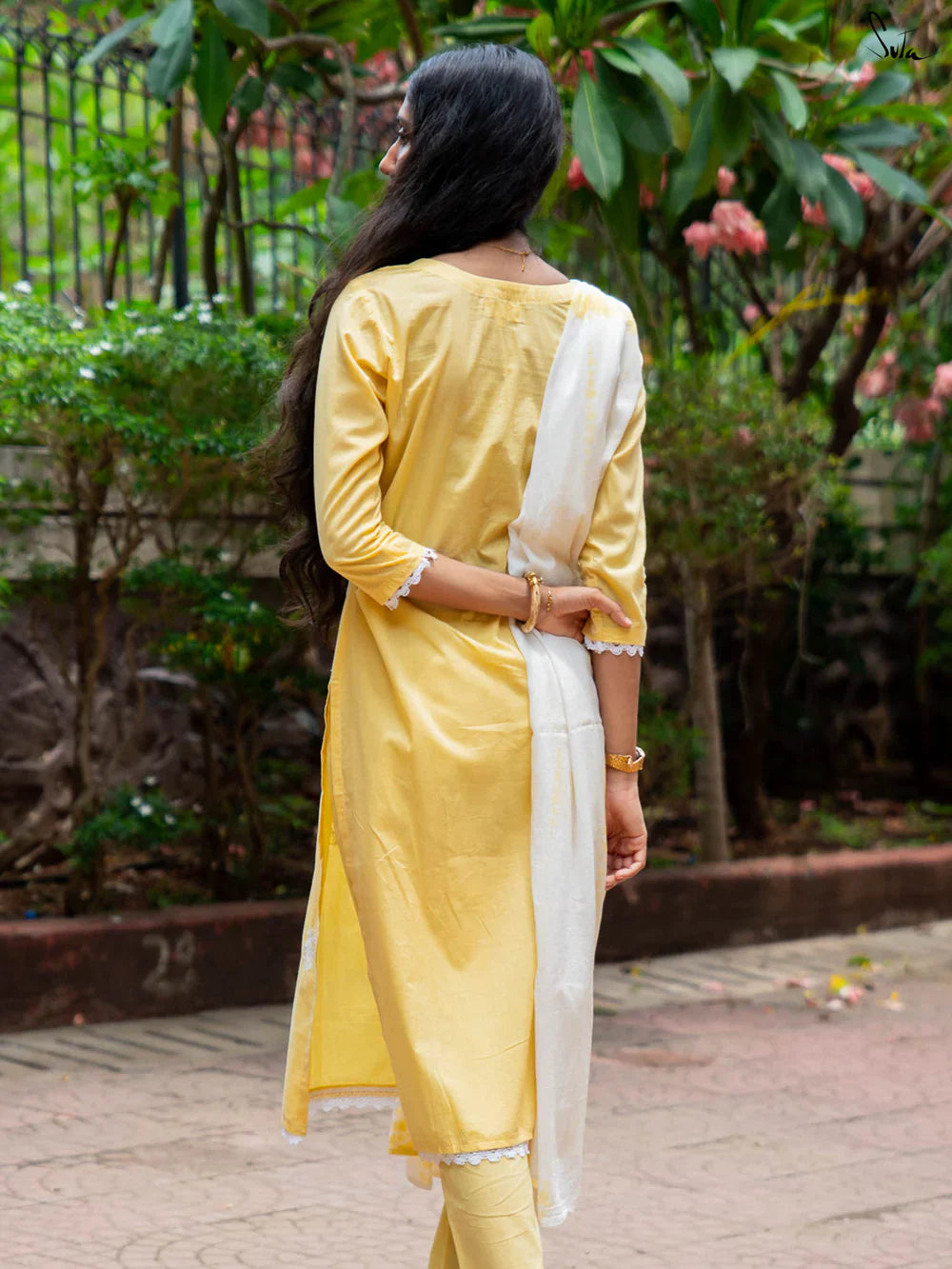 Yellow Cotton Kurta Set with Dupatta & White Detailing