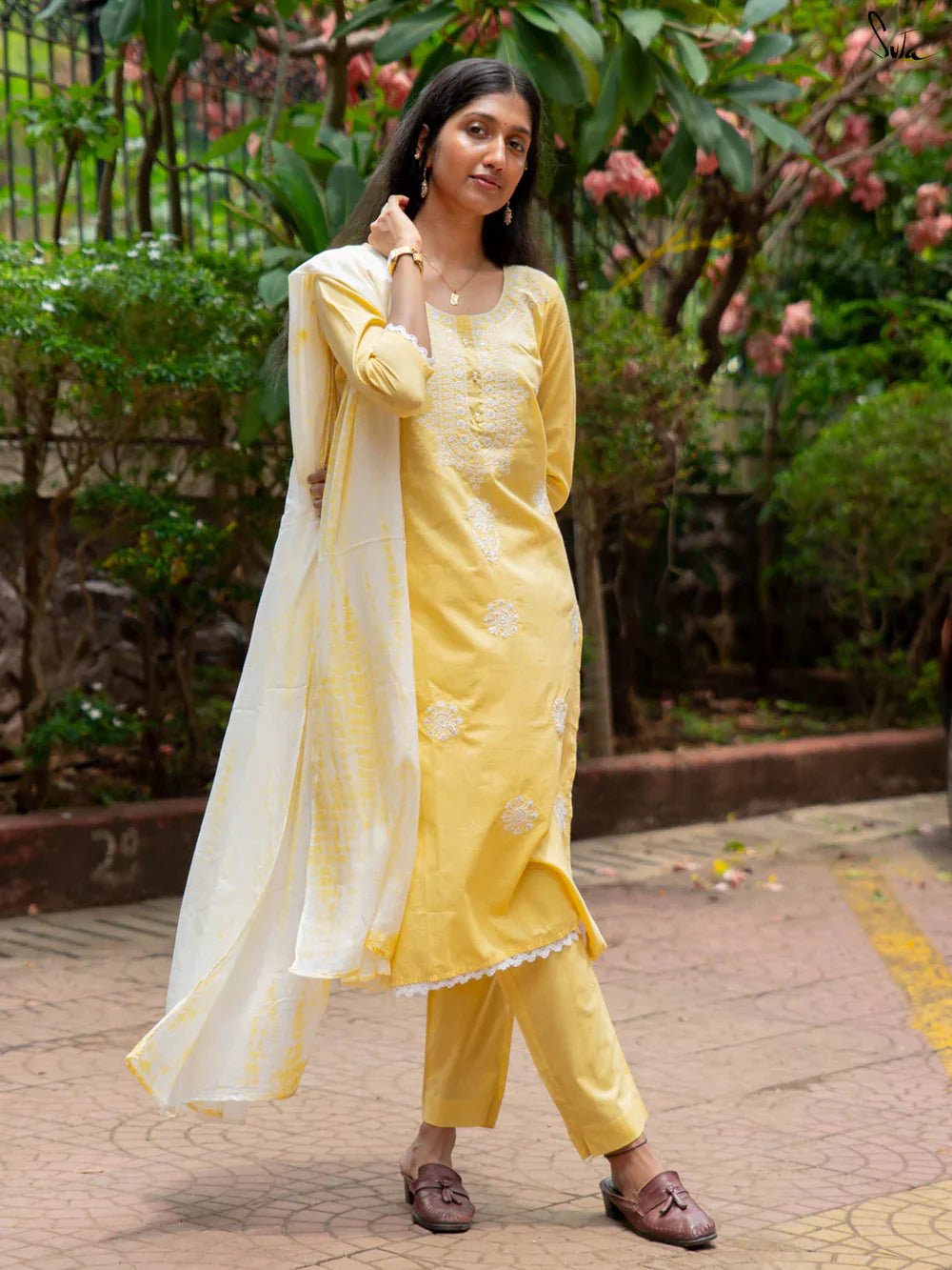 Yellow Cotton Kurta Set with Dupatta & White Detailing