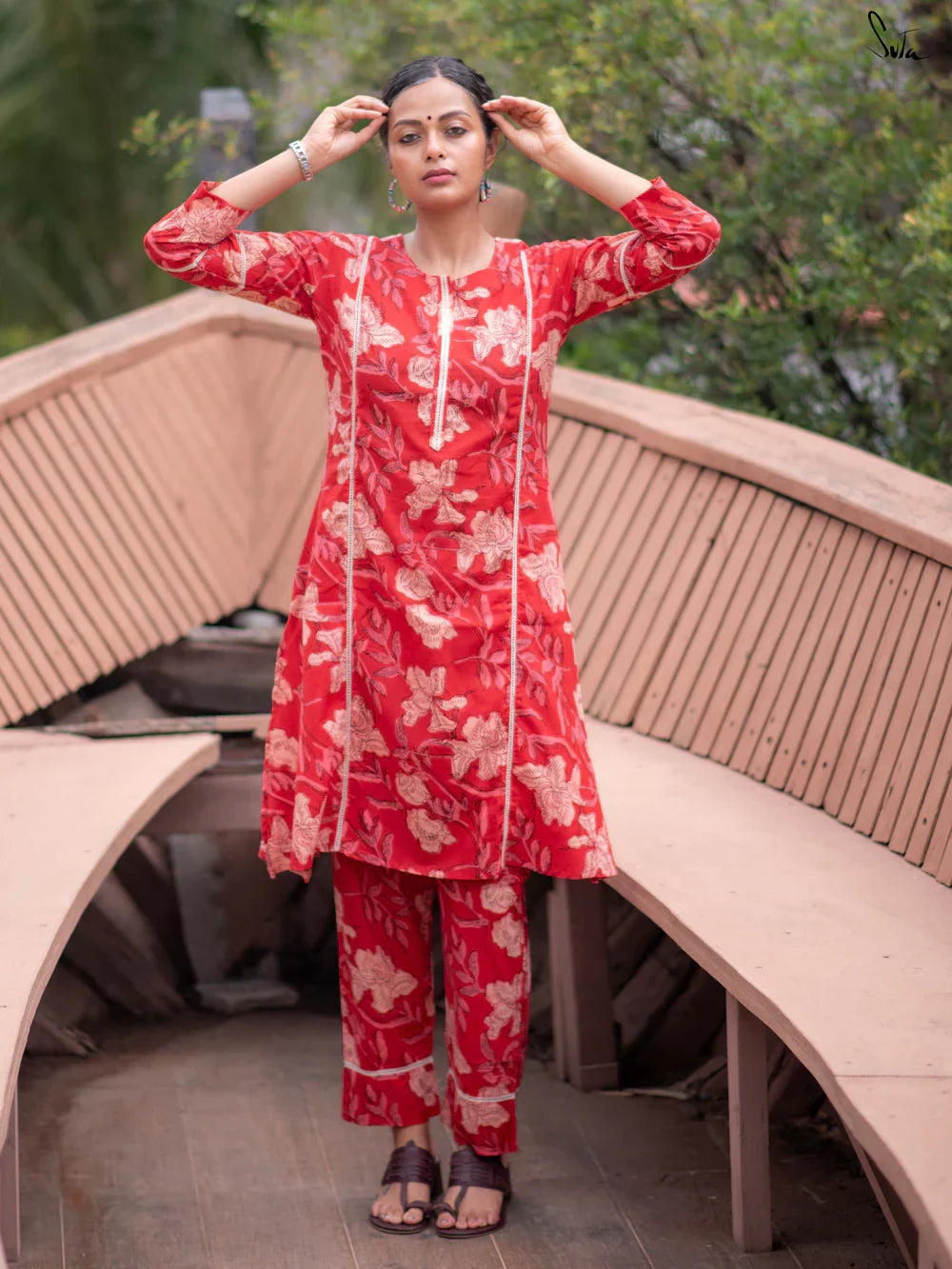 Red Cotton Kurta Set with Floral Prints