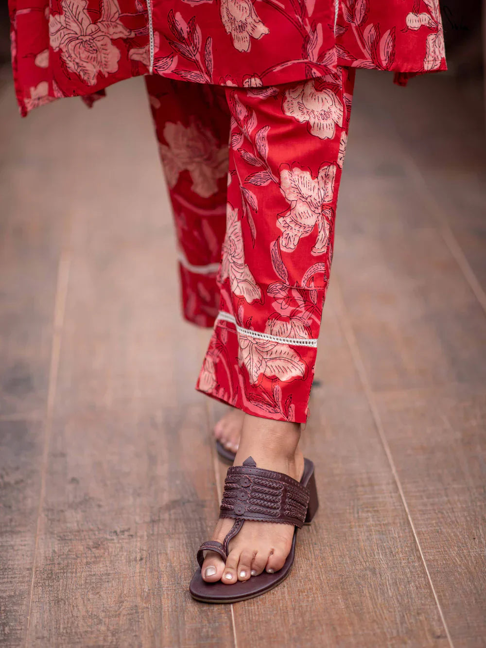 Red Cotton Kurta Set with Floral Prints