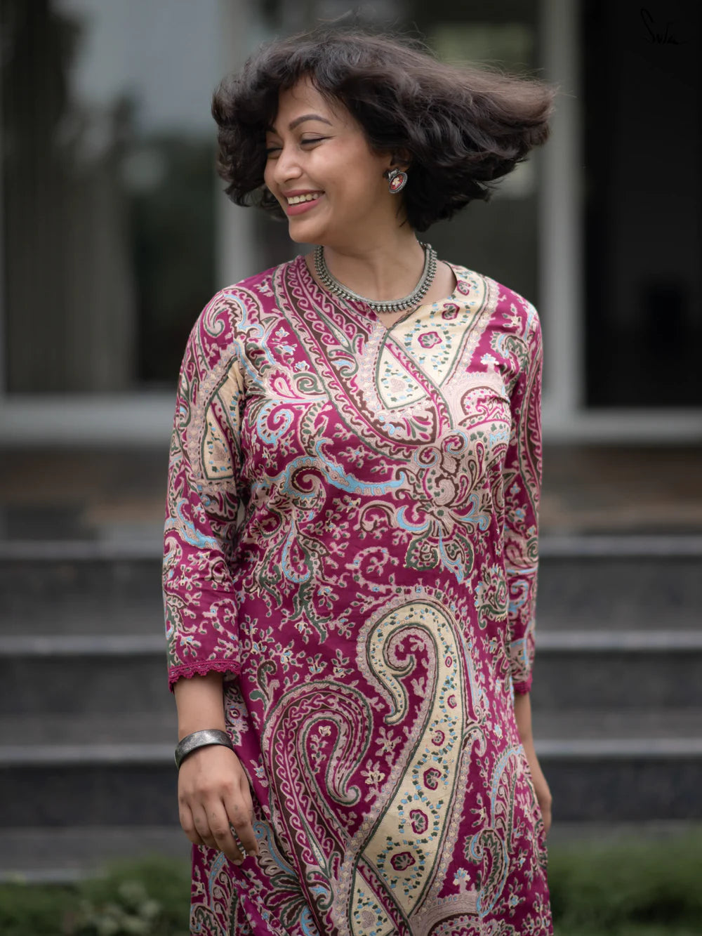 Wine Paisley Patterned Cotton Kurta Set with Lace Details On The Hem & Sleeves