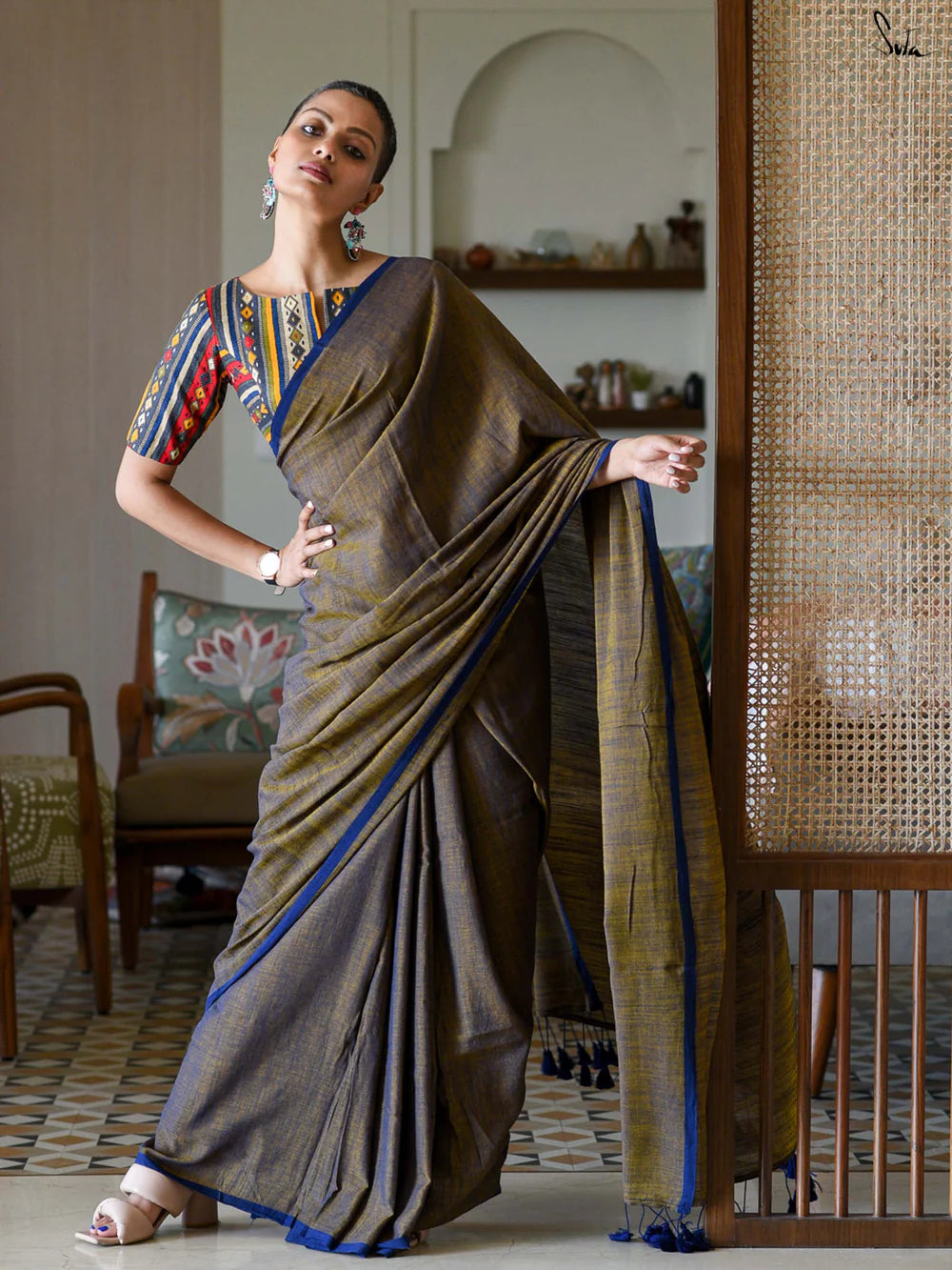 Blue-Rust Cotton Blend Saree