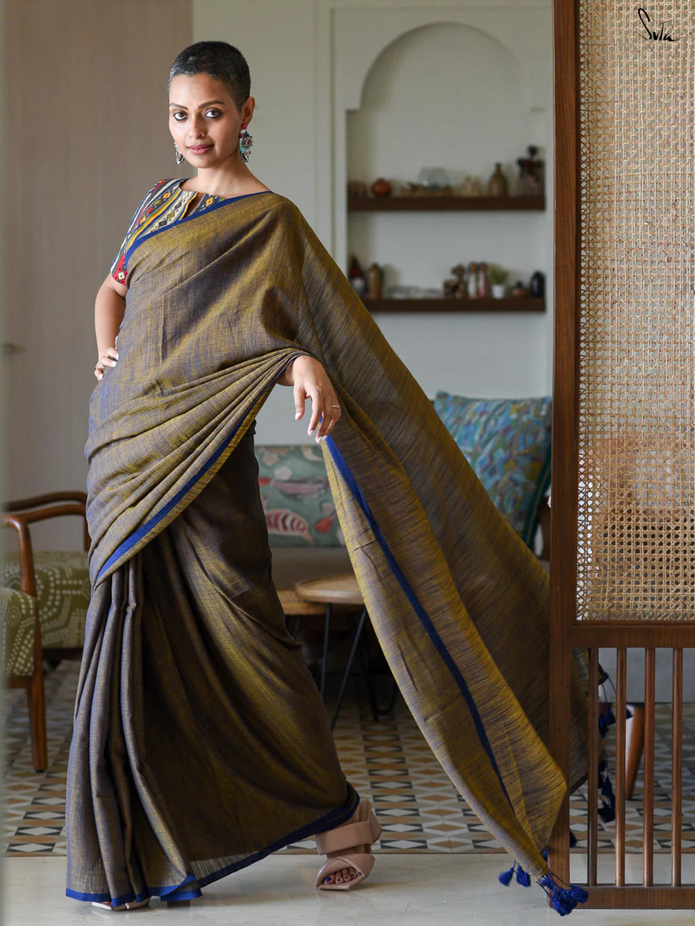 Blue-Rust Cotton Blend Saree