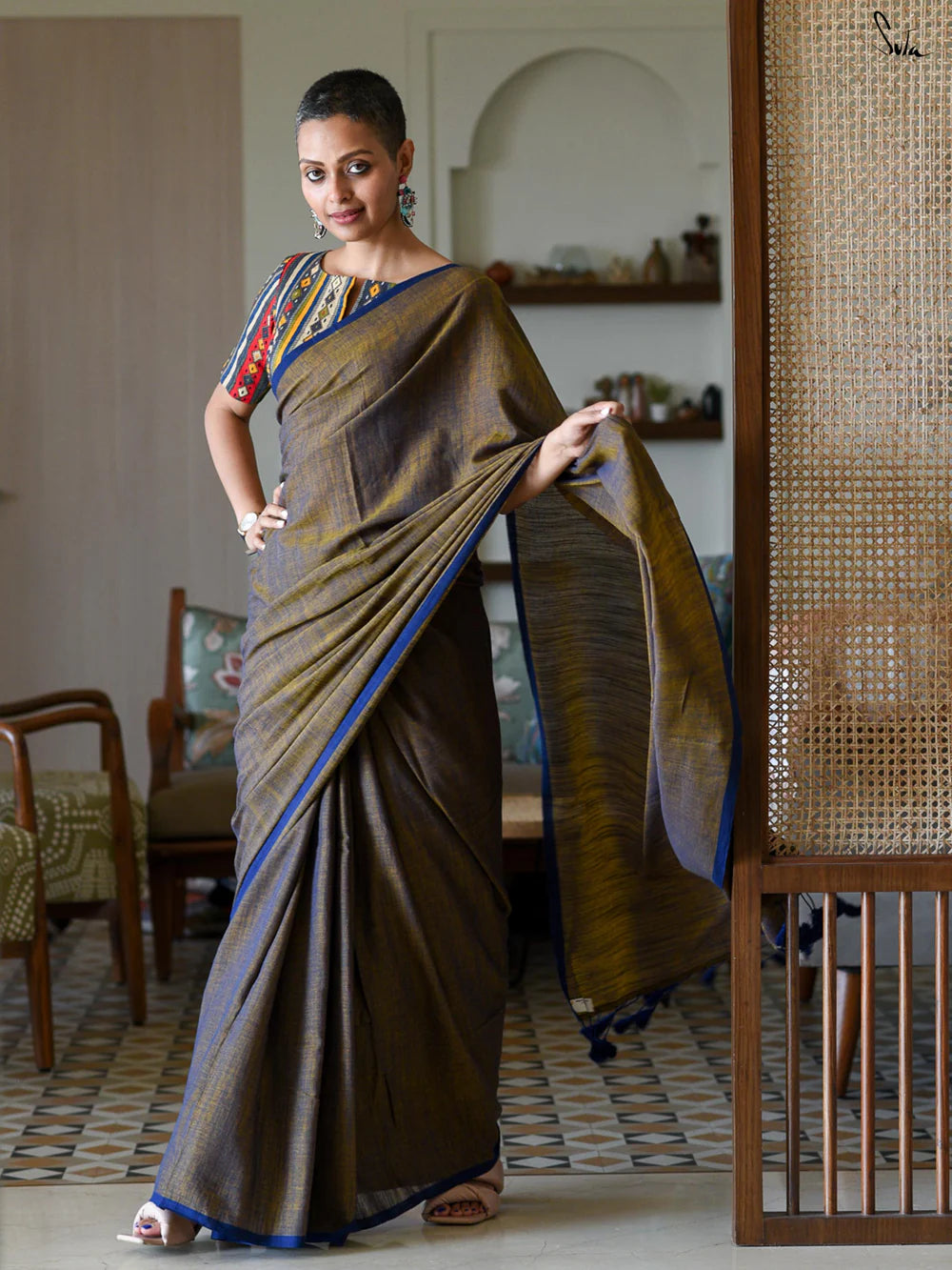 Blue-Rust Cotton Blend Saree