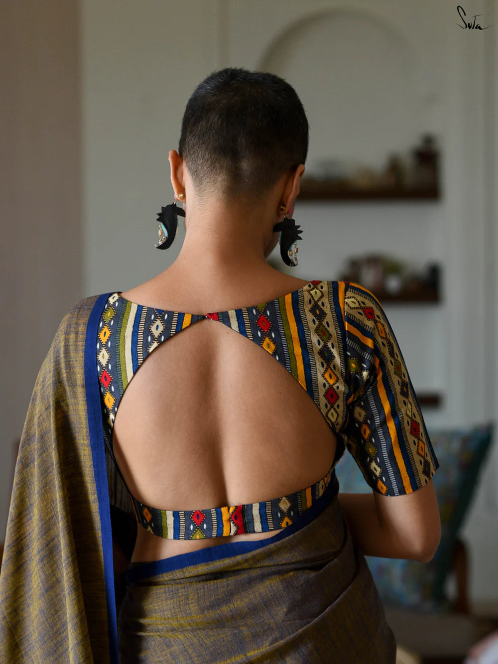 Blue-Rust Cotton Blend Saree