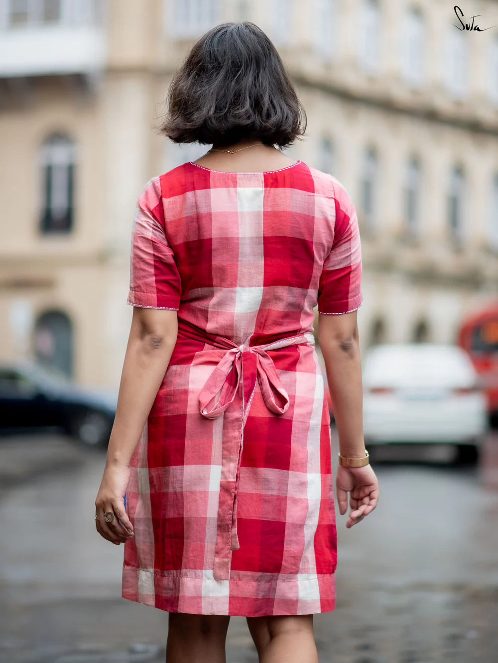 Red and White Checkered Cotton Dress with U-Neckline Adjustable Waist Tie-Up and Cute Short Sleeves