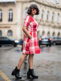 Red and White Checkered Cotton Dress with U-Neckline Adjustable Waist Tie-Up and Cute Short Sleeves
