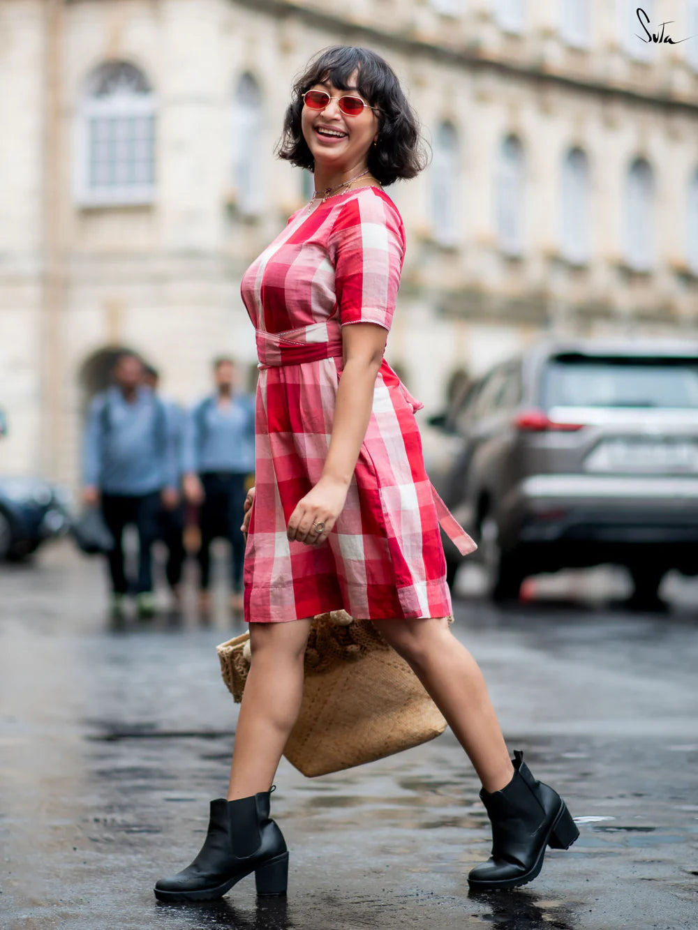 Red and White Checkered Cotton Dress with U-Neckline Adjustable Waist Tie-Up and Cute Short Sleeves