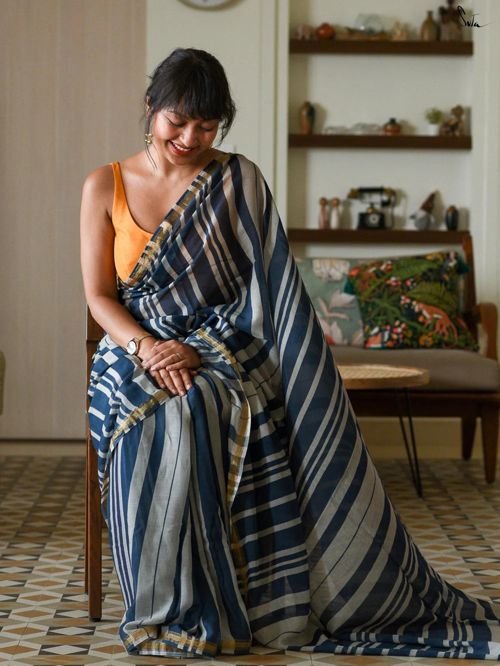 Blue-Off White Striped Cotton Blend Saree