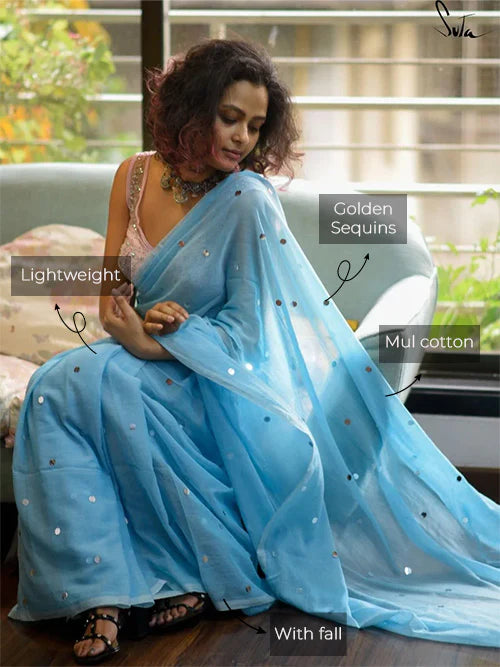 Mulmul Cotton Sky Blue Saree with Sequins and Tassels
