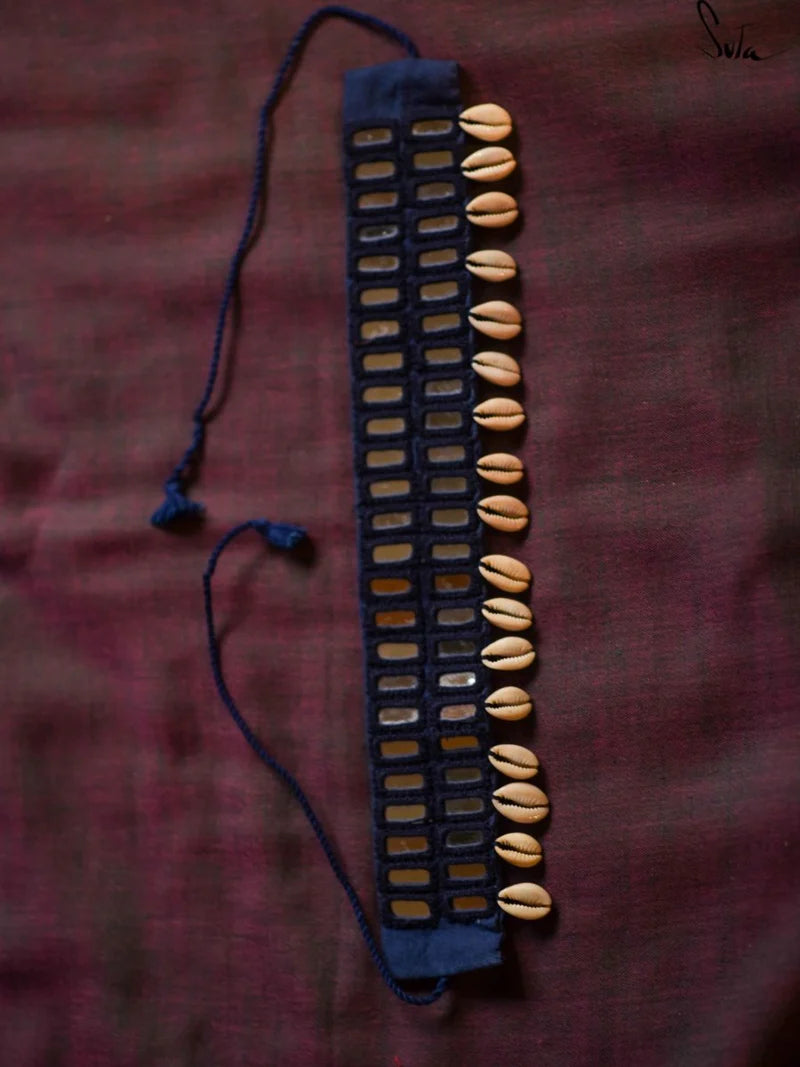 Blue Cotton Woven Choker with Mirror Work & Shells