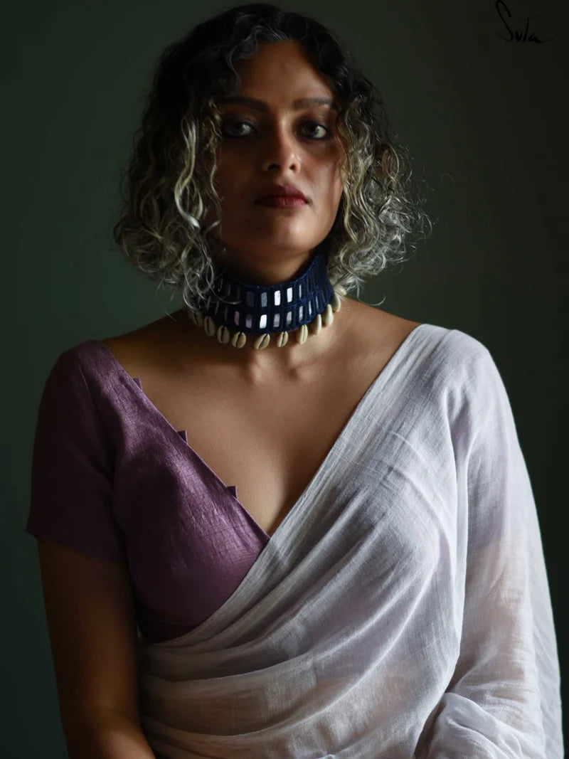 Blue Cotton Woven Choker with Mirror Work & Shells