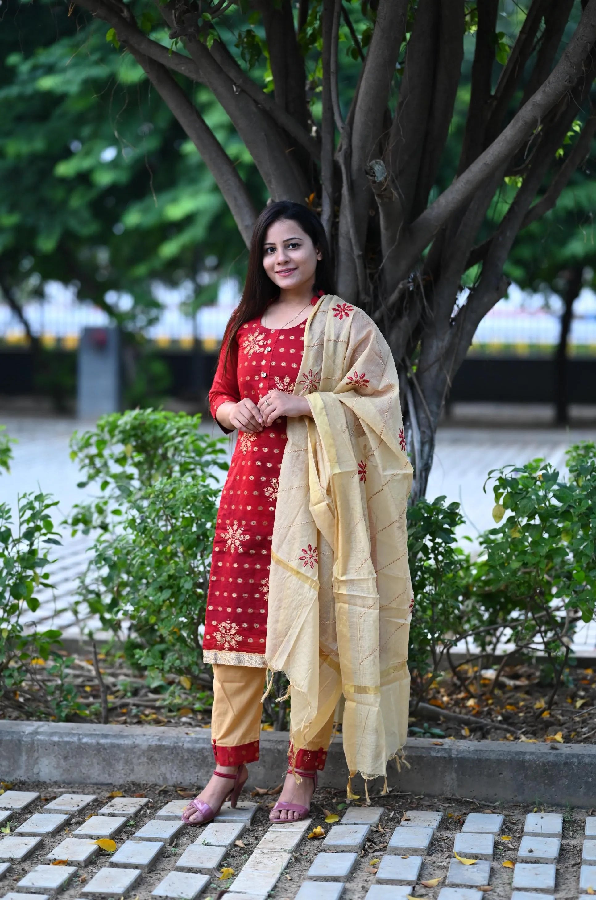 Pure Chanderi Kurti Set With Emborderd Cotton Dupatta
