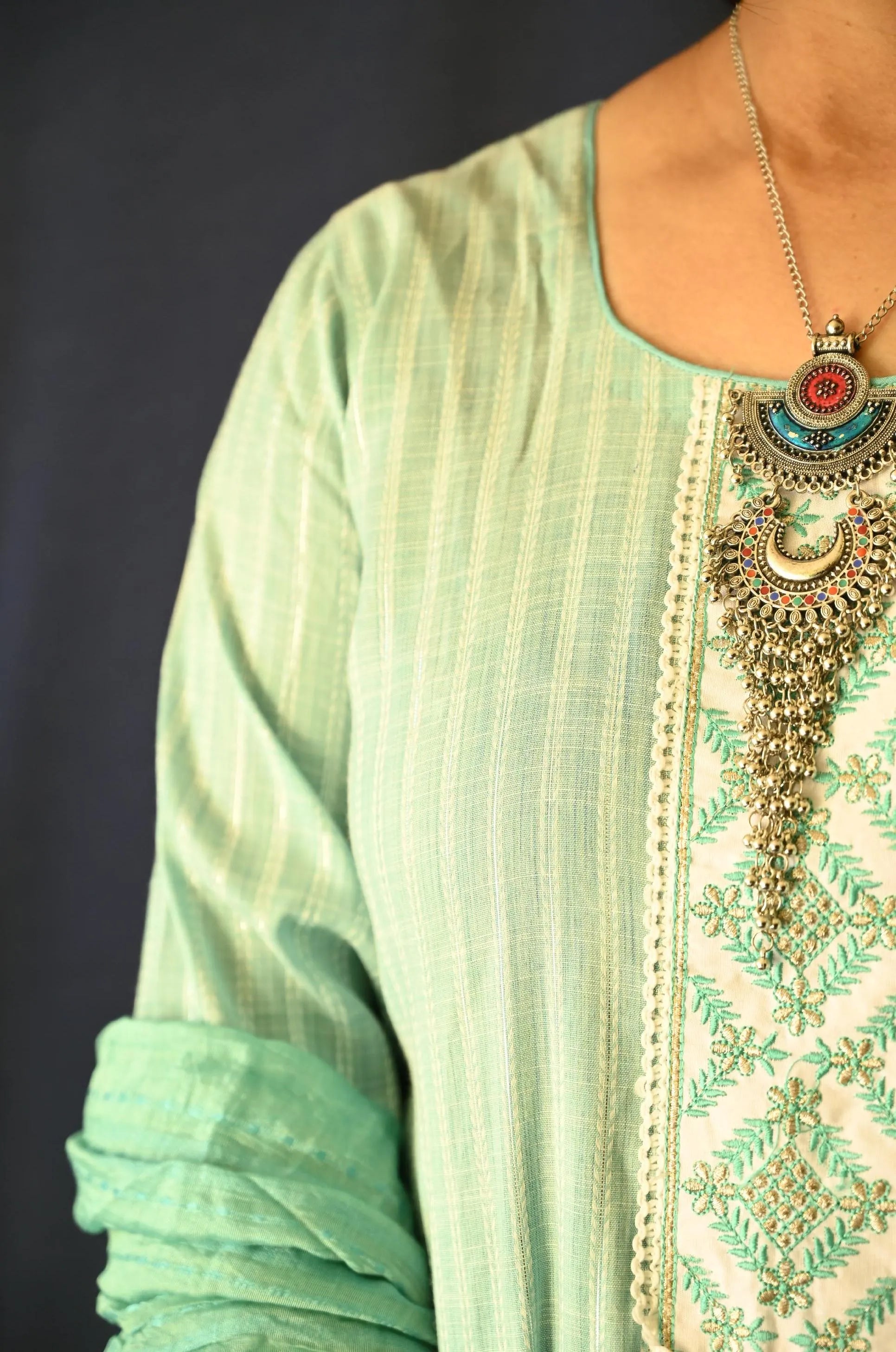 Light Green Cotton Suit , Pant With Pocket And Dupatta