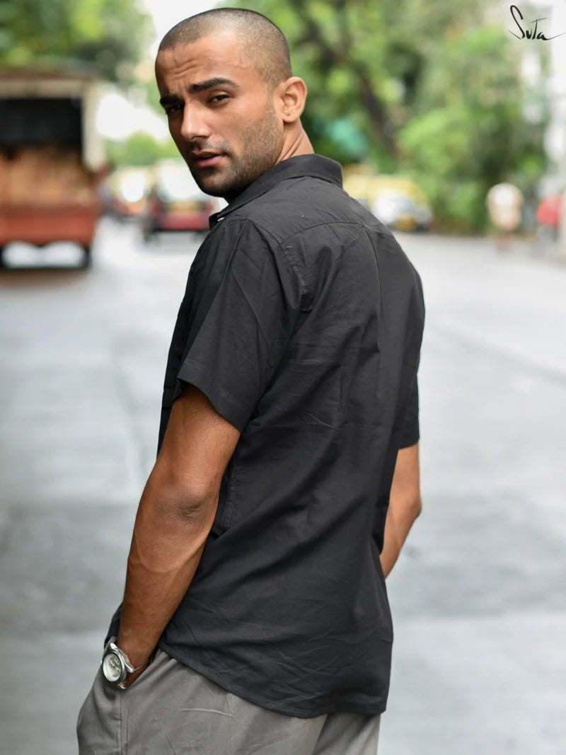 Black Cotton Half Sleeve Shirt for Men