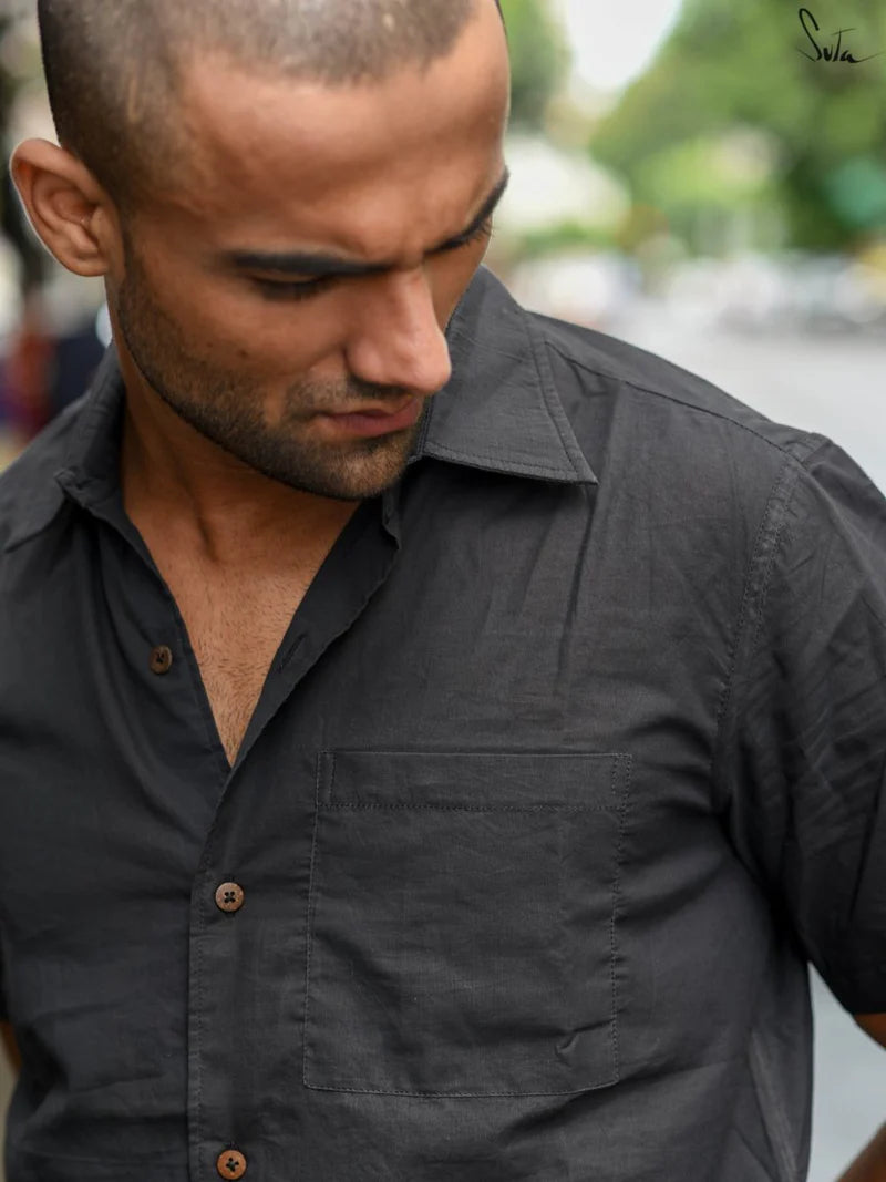 Black Cotton Half Sleeve Shirt for Men